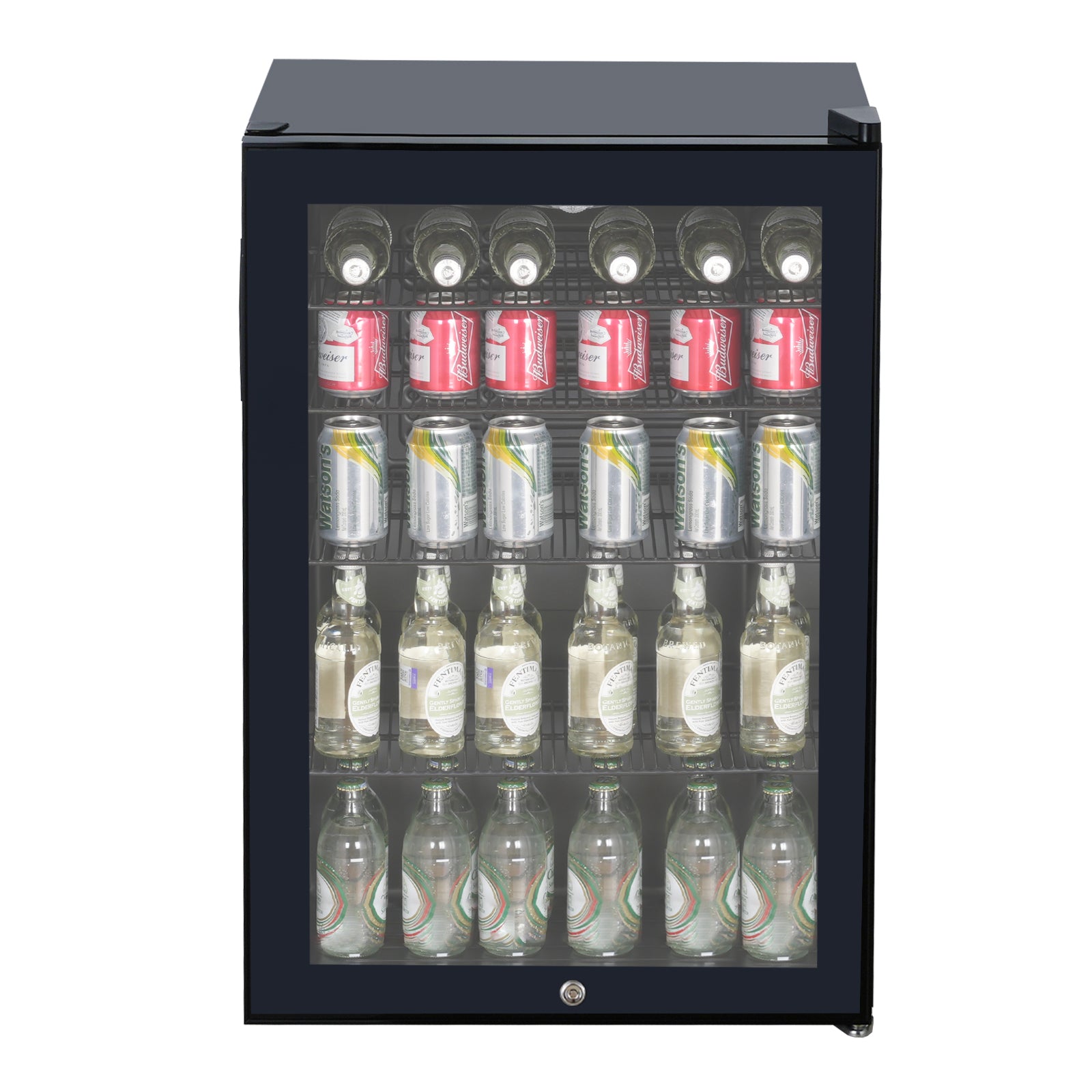 The Igenix Under Counter Drinks Fridge, 98 Litre, Black features a glass front and multiple shelves displaying neatly arranged red and silver soda cans, green and silver cans, and clear labeled bottles.