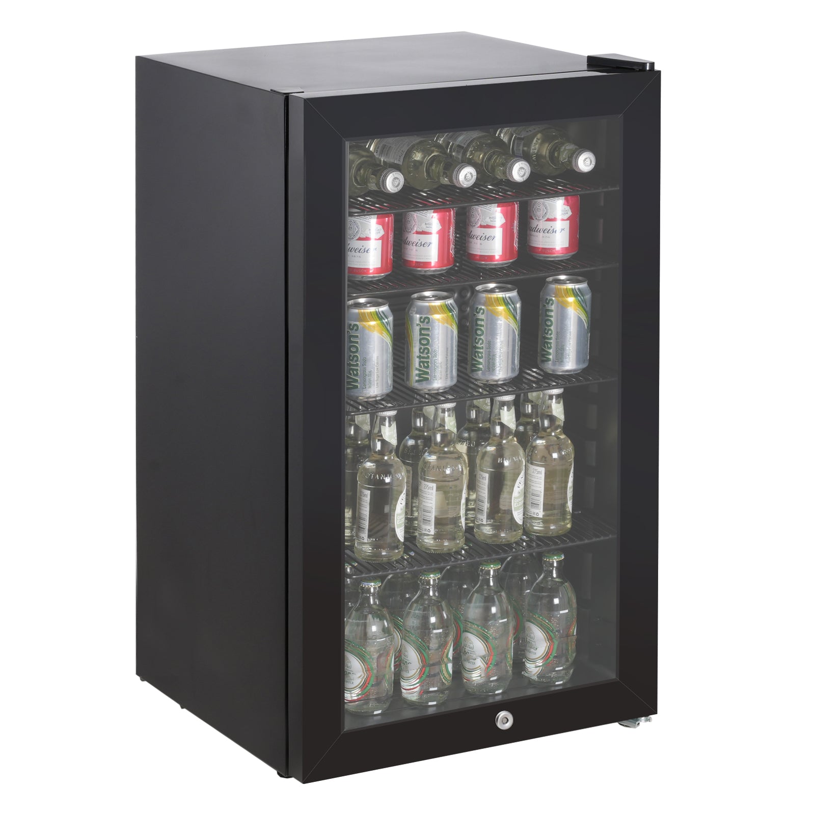 The Igenix Under Counter Drinks Fridge, 98 Litre, Black, features a glass door and three shelves for bottles and cans of water or soda—ideal for compact beverage storage.