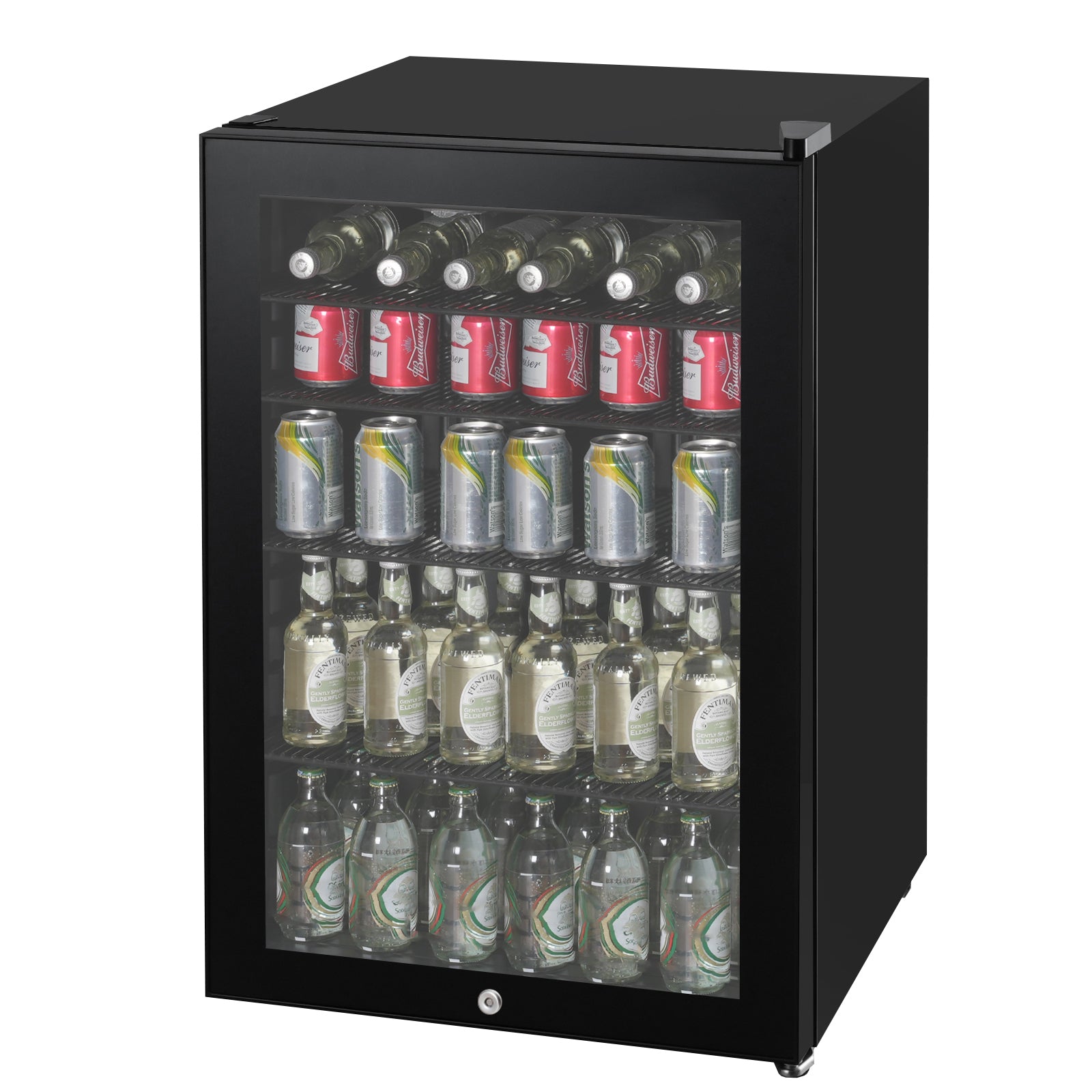 The Igenix Under Counter Drinks Fridge, 98 Litre in black, features a glass door and three shelves to display beer bottles, soda cans, and bottled water—ideal for any home bar or kitchen.