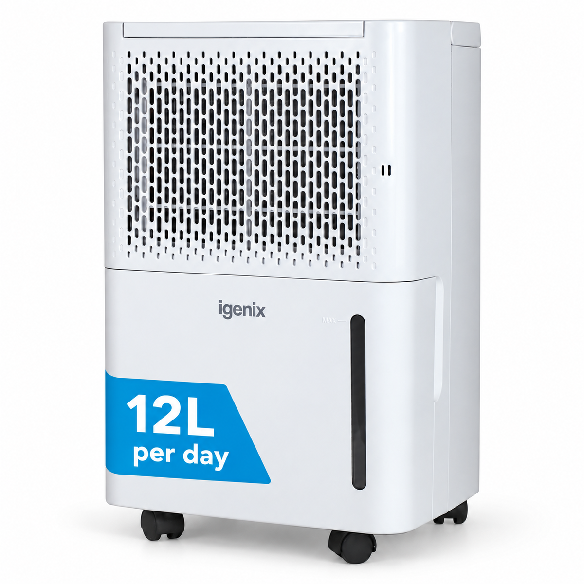 White Igenix Portable Dehumidifier, Extracts 12 Litres per Day, featuring a perforated air intake, a water level viewing window, and a blue label reading 12L per day.