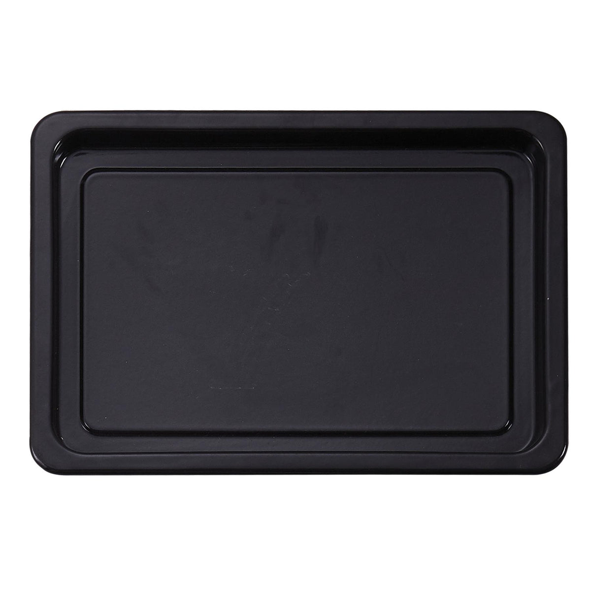 Rectangular black baking tray with a raised rim for an Igenix 60L Mini Oven, White, viewed from directly above.
