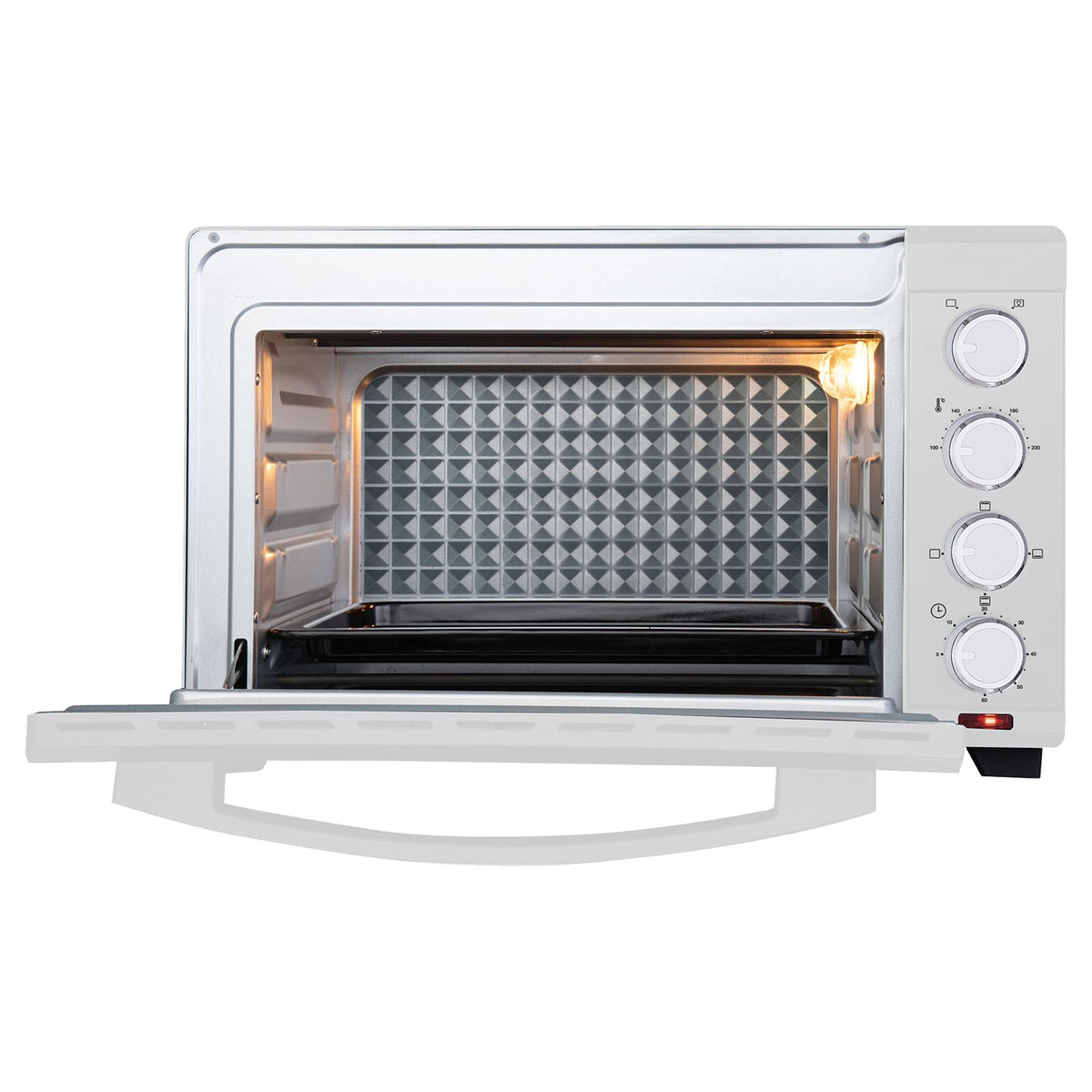 Igenix 60L Mini Oven in white with the door open, showing an illuminated interior, a baking tray, and a control panel with four knobs on the right side.
