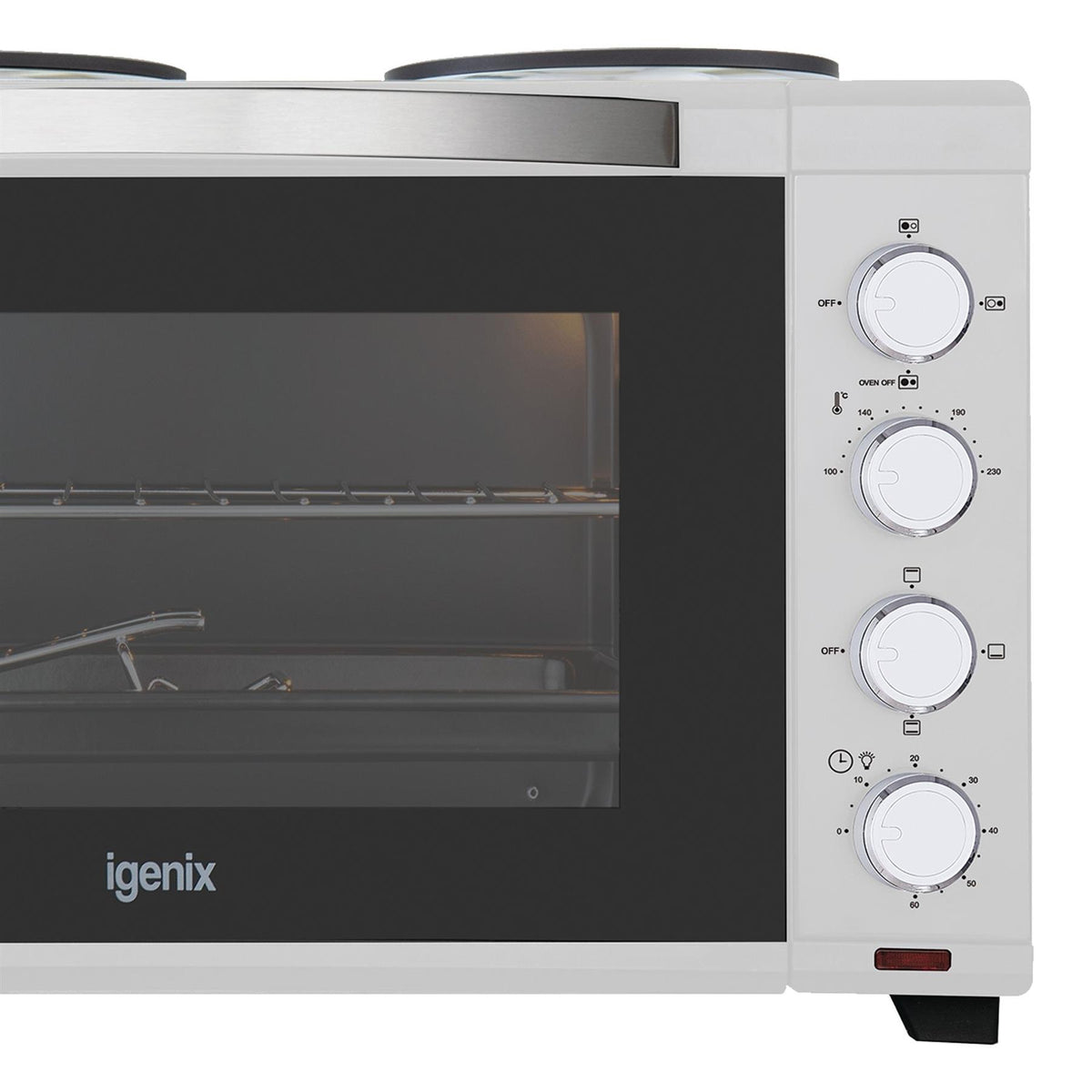 Close-up of an Igenix 48L Mini Oven with Hotplates, White, featuring a glass door and four control dials on the side panel.