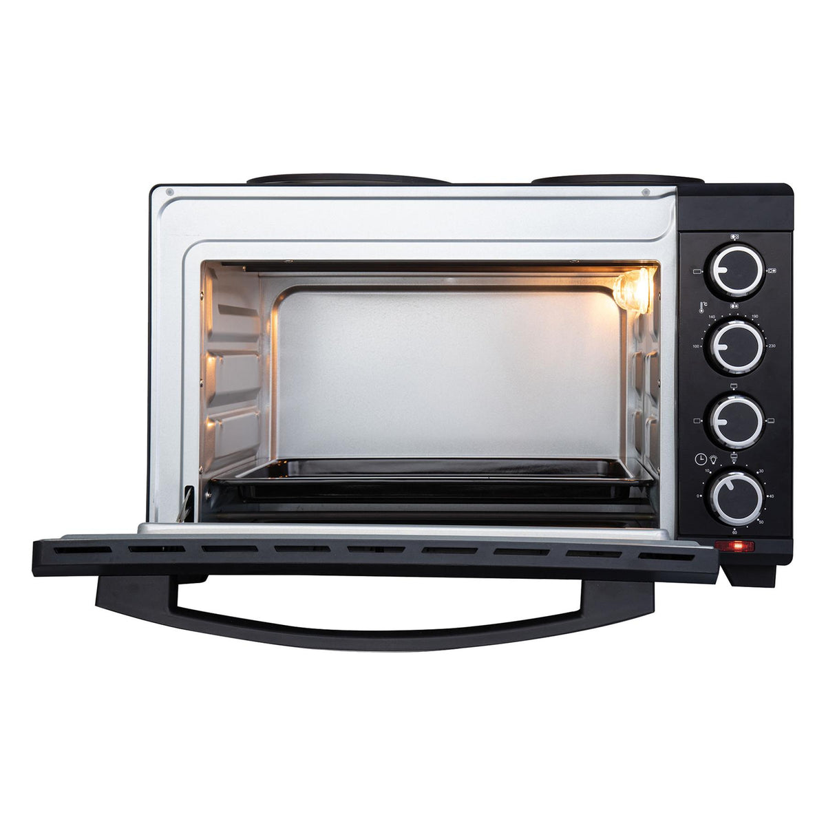 Black Igenix 48L Mini Oven with Hotplates with the door open, revealing an interior light and a baking tray, with four control knobs on the side.