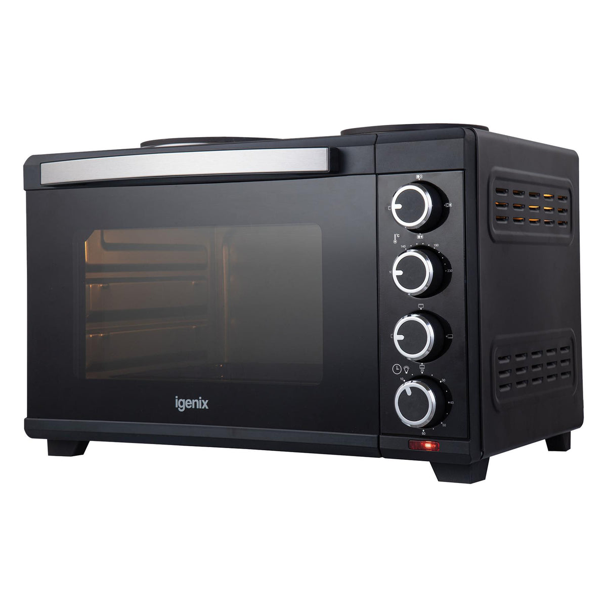Black Igenix 48L Mini Oven with Hotplates featuring a glass door, four control dials on the right side, and two hotplates on top.