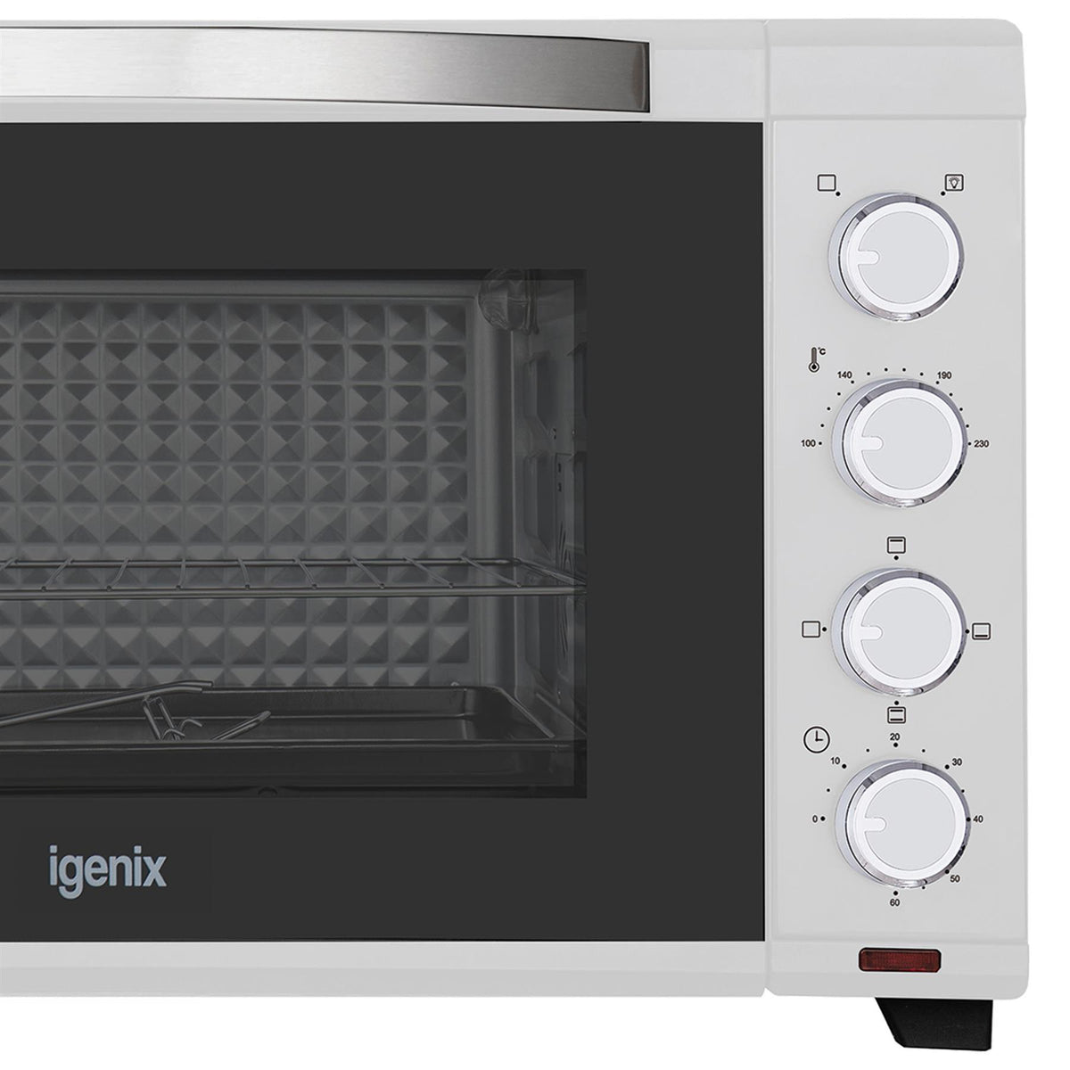 White Igenix 60L Mini Oven with a removable glass panel on the door and four circular control knobs on the right side for temperature, heating modes, and timer settings.