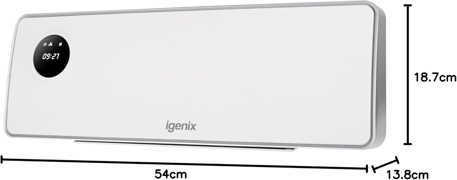 An Igenix Over Door Downflow Fan Heater, 2000W, in white with a circular display showing 08:21. This energy-efficient heater measures 54 cm wide, 18.7 cm tall, and 13.8 cm deep, and features an open window function for optimal performance.