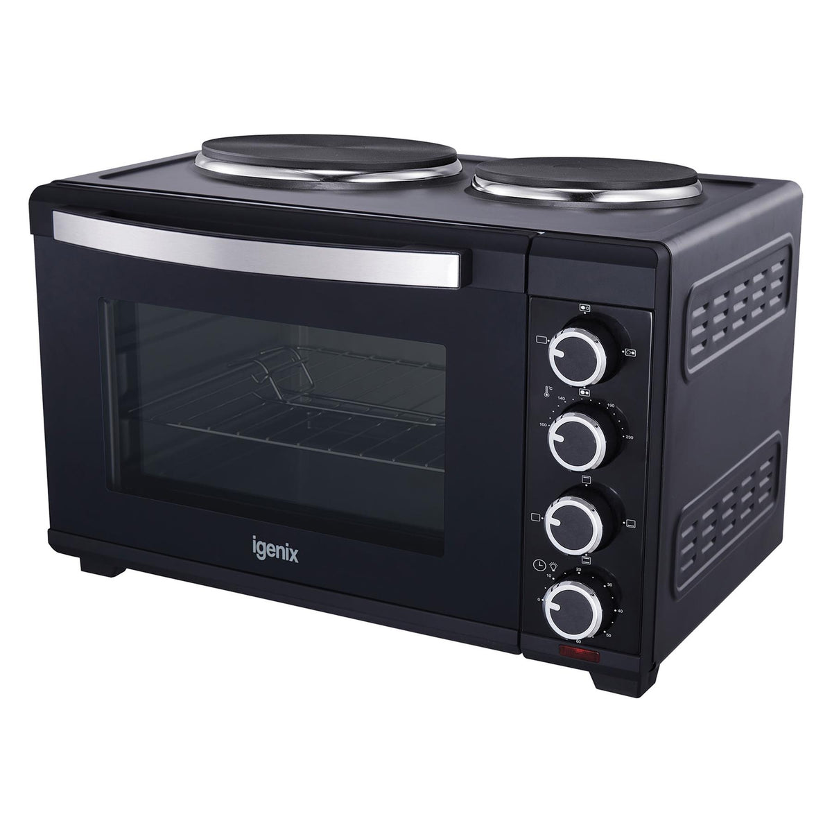 Black 48L Mini Oven with Hotplates by Igenix, featuring two electric hotplates on top and four control knobs on the side.
