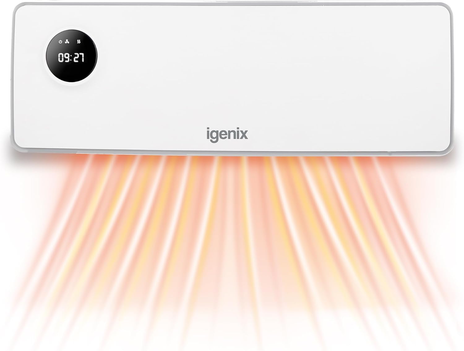 The Igenix Over Door Downflow Fan Heater (2000W) emits warm airflow, with a round digital display on the left showing the time as 09:27 and various symbols. Its sleek, modern design features energy-efficient heating and an open window function for optimal comfort and energy savings.
