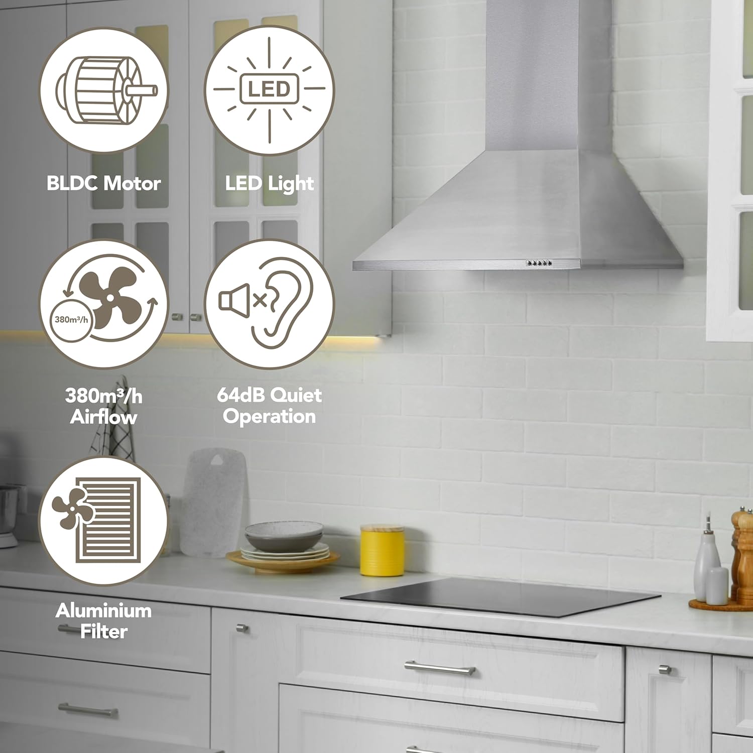 A modern kitchen with the Igenix 60CM Chimney Cooker Hood in stainless steel. Icons display BLDC motor, LED light, 380m³/h airflow, quiet 64dB operation, and an aluminum filter—quality features from Igenix.
