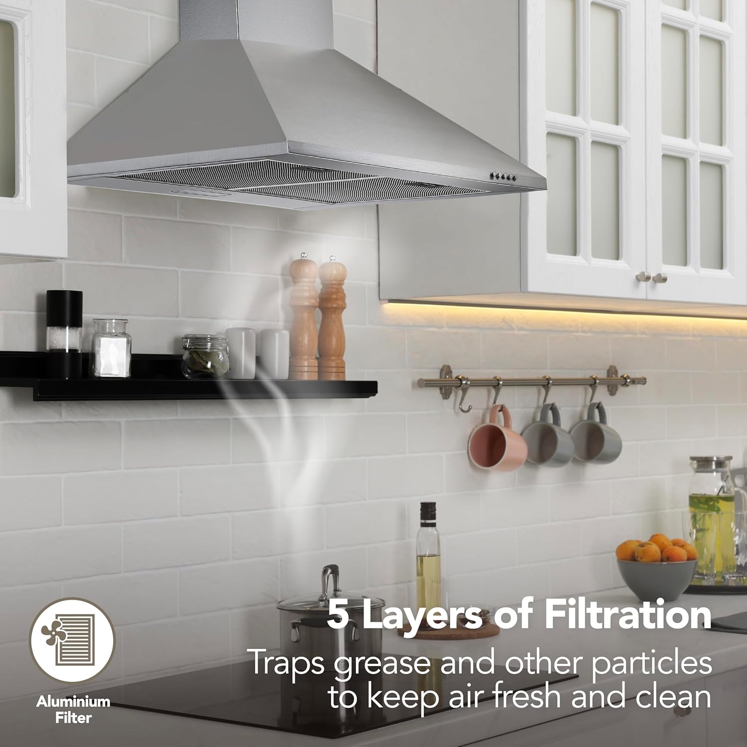 The Igenix 60CM Chimney Cooker Hood in stainless steel features visible airflow and 5 layers of filtration, efficiently trapping grease and particles to keep your kitchen air fresh and clean.