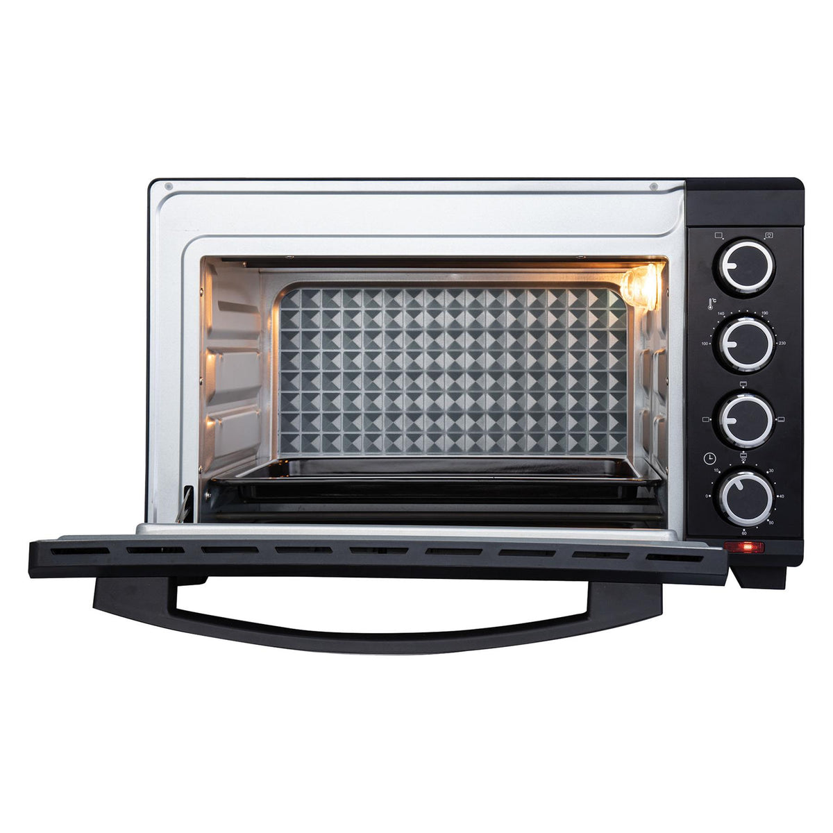 An Igenix 60L Mini Oven, Black in silver with its glass door open, showing an internal light, a tray, and a control panel with four dials on the right side.