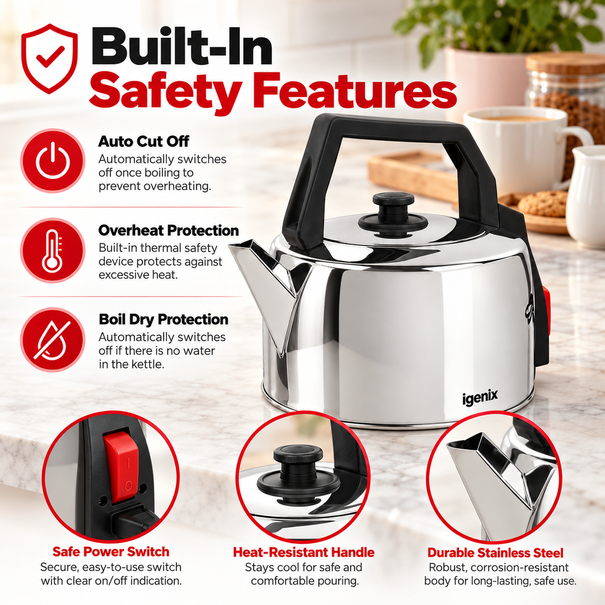An Igenix 3.5 Litre Corded Catering Kettle in stainless steel with a black handle, surrounded by labels highlighting safety features including auto cut-off, overheat protection, boil dry protection, a power switch, and a heat-resistant handle.