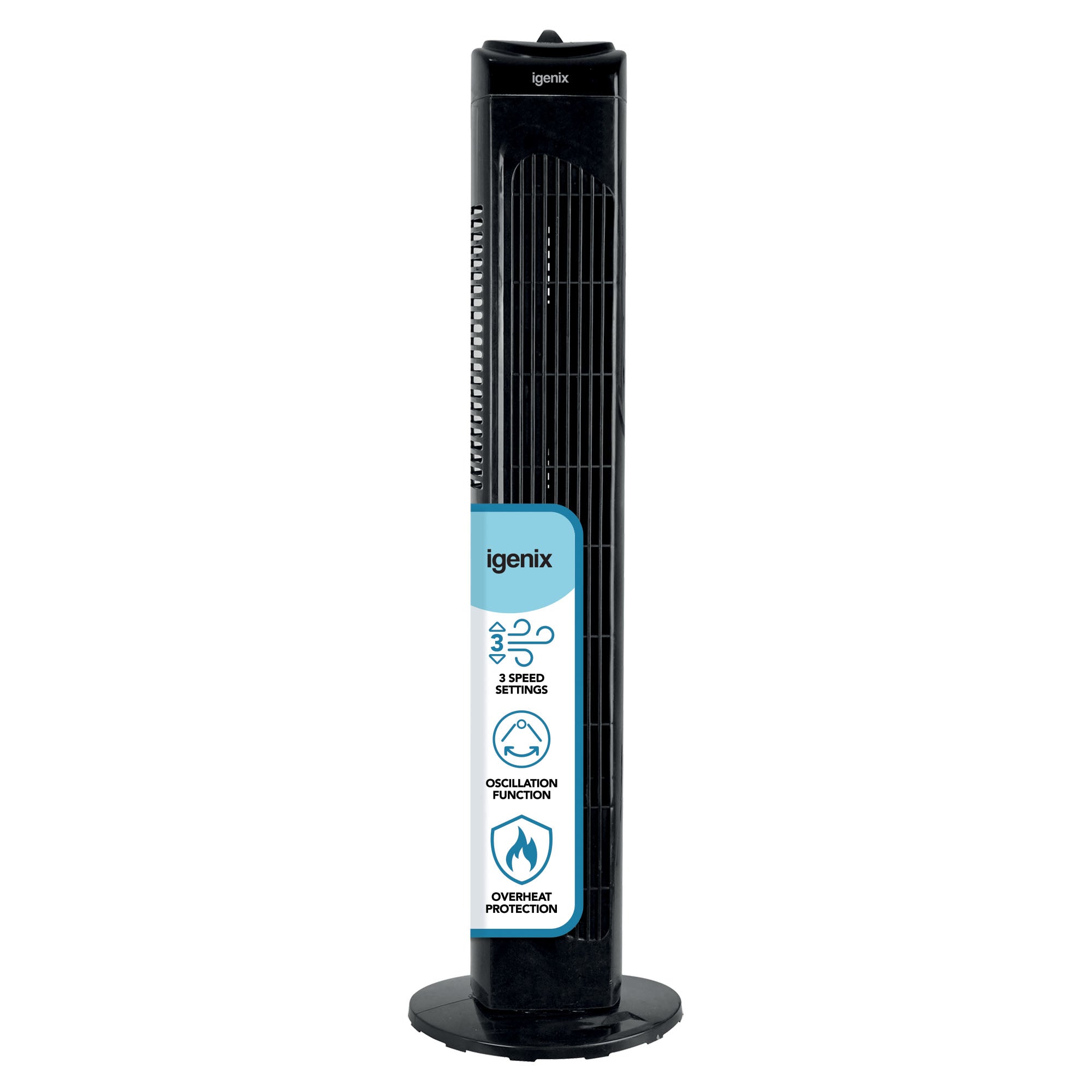 A 30-inch black Igenix tower fan with oscillation, a 2-hour timer, and quiet operation features an upright design and circular base.