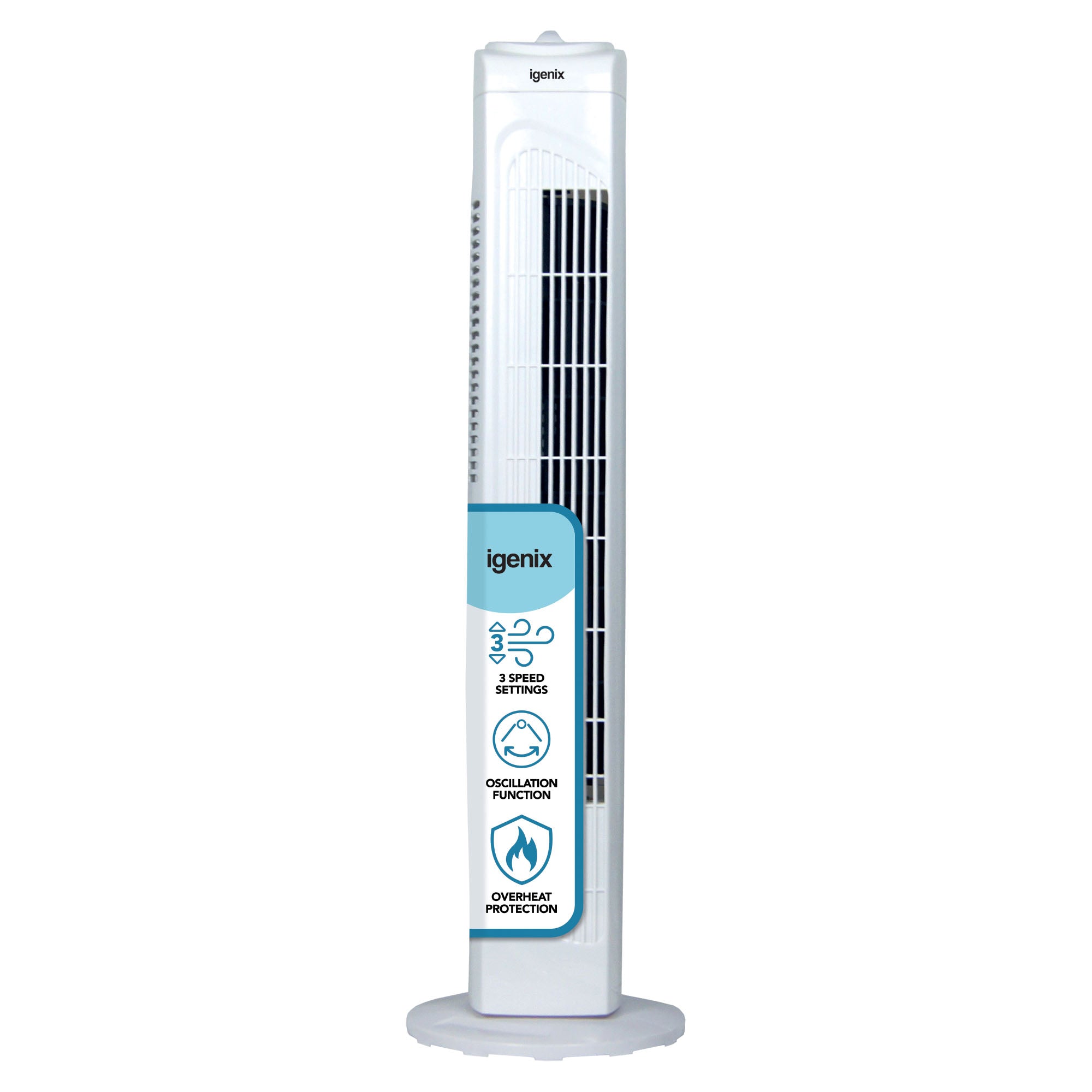 A white Igenix 30-inch oscillating tower fan with front control panel, 3 speed settings, quiet operation, overheat protection, 2-hour timer, and a round base.