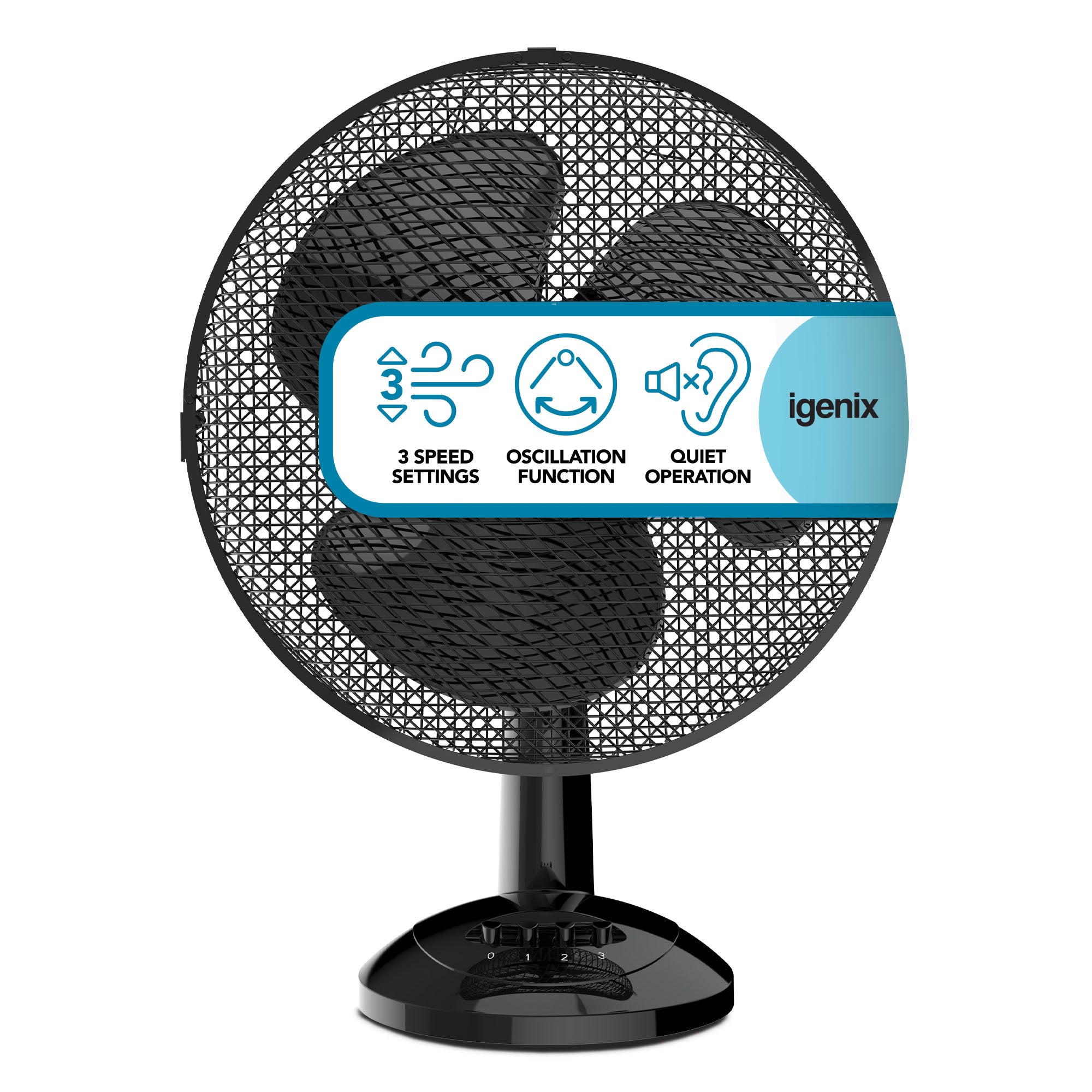 The Igenix 12 Inch Desk Fan in black features 3 speed settings, oscillation, and quiet operation. Its compact design and mesh grille make it perfect for cool comfort on your desk without unwanted noise.