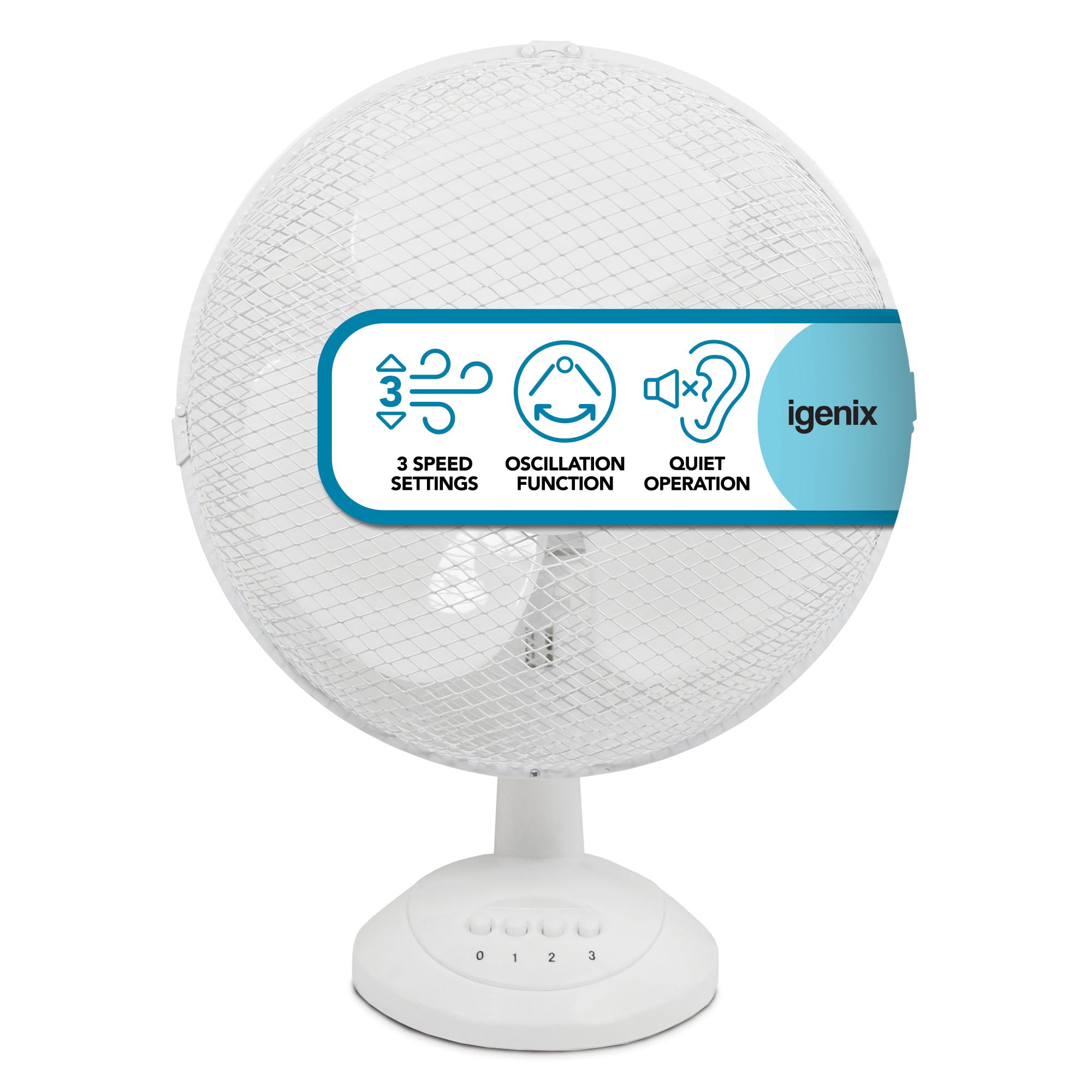 The Igenix 12 Inch Desk Fan in white features 3 speed settings, an oscillation function, and quiet operation. Its base has four numbered buttons (0-3), making it perfect for keeping any workspace cool and comfortable.
