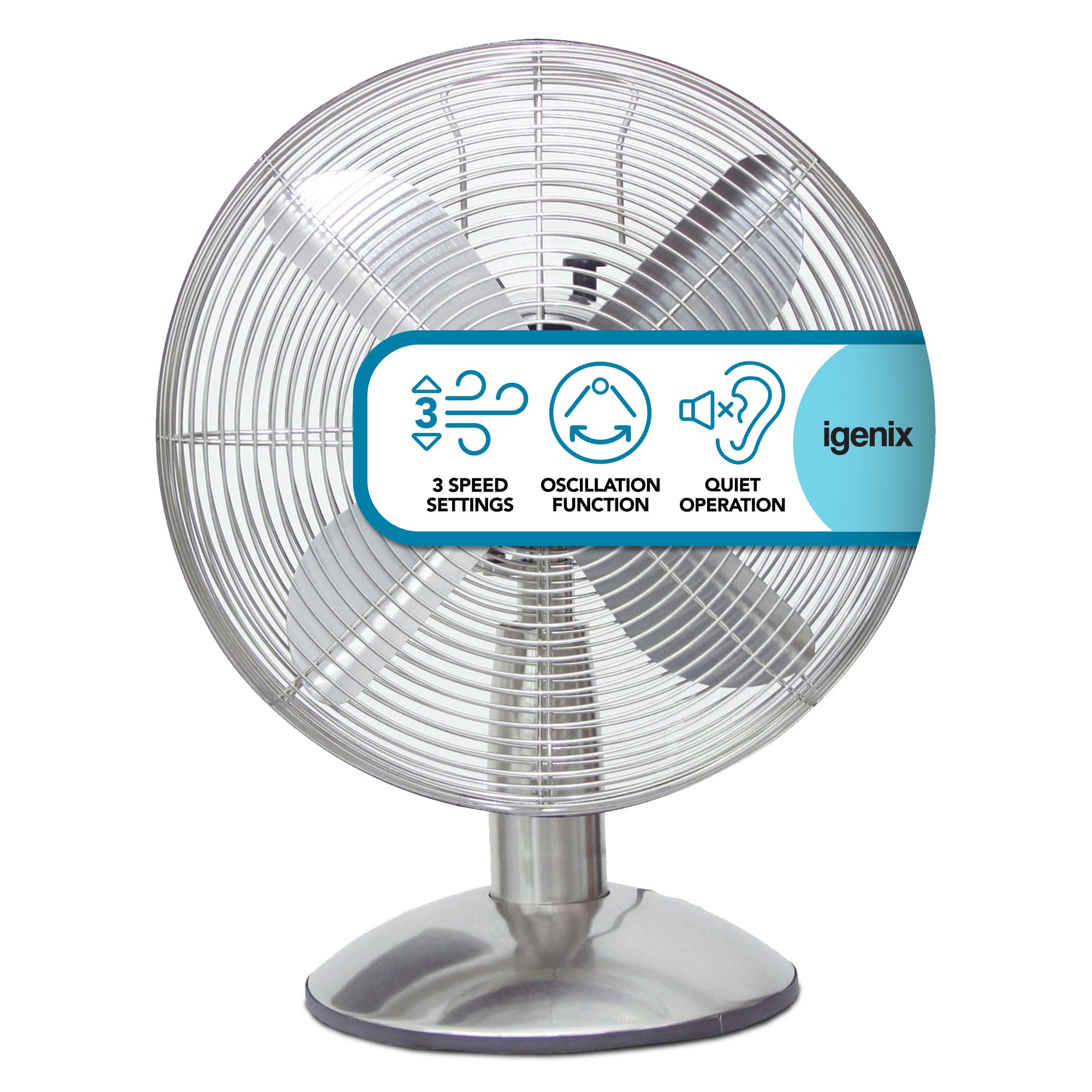 The Igenix 12 Inch Desk Fan in chrome features a round protective grill, three blades, 3 speed settings, oscillation function, and quiet operation. The brand name Igenix is clearly displayed on the label.