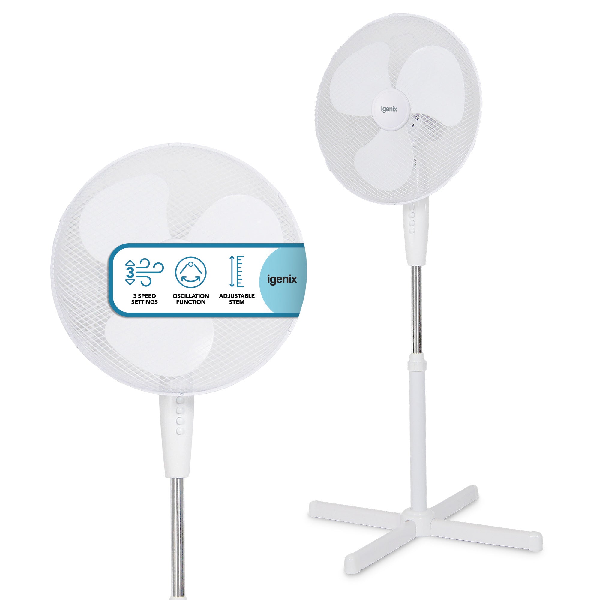 Two white Igenix 16 inch pedestal fans with three blades each: one features 3 speeds, oscillation, adjustable stem, and tilt; the other is shown fully assembled on a white stand.