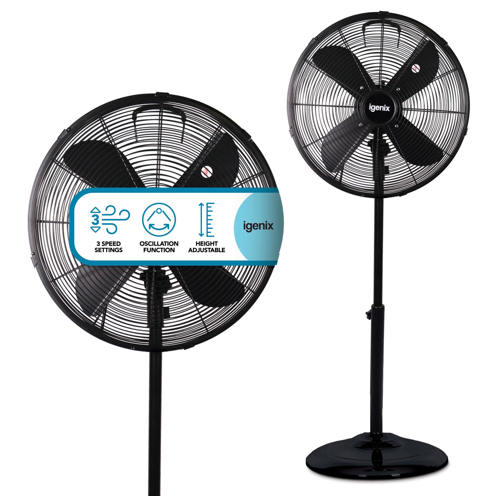 Two black Igenix 16 Inch Pedestal Fans with large blades stand on round bases. A label highlights 3 speeds, oscillation, and adjustable height. Brand name “Igenix” is visible on both fans.