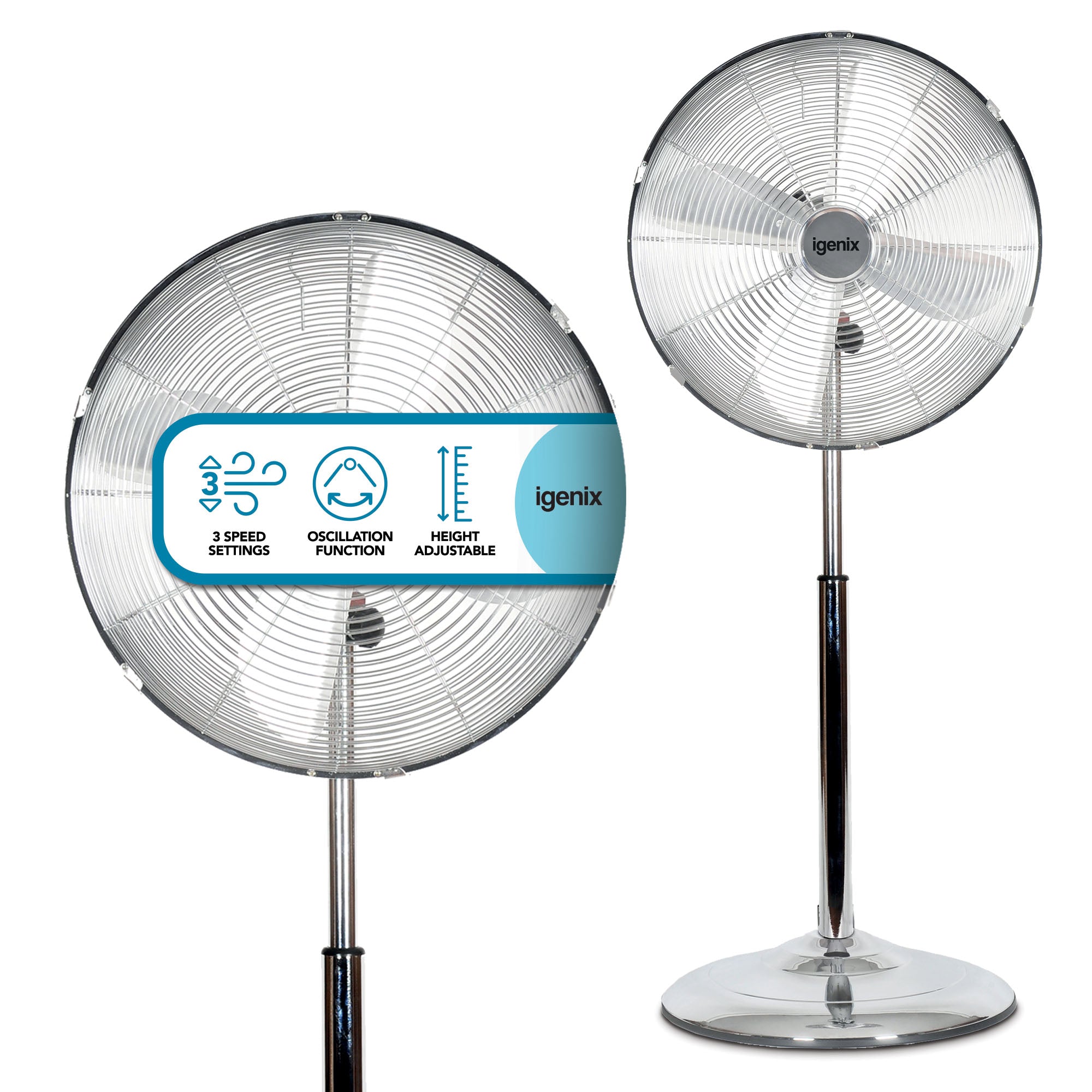 Two Igenix 16 Inch Pedestal Fans with chrome stands and circular bases are shown. One features a label for 3 speeds, oscillation, and adjustable height. Both have round grills and a sleek chrome finish.