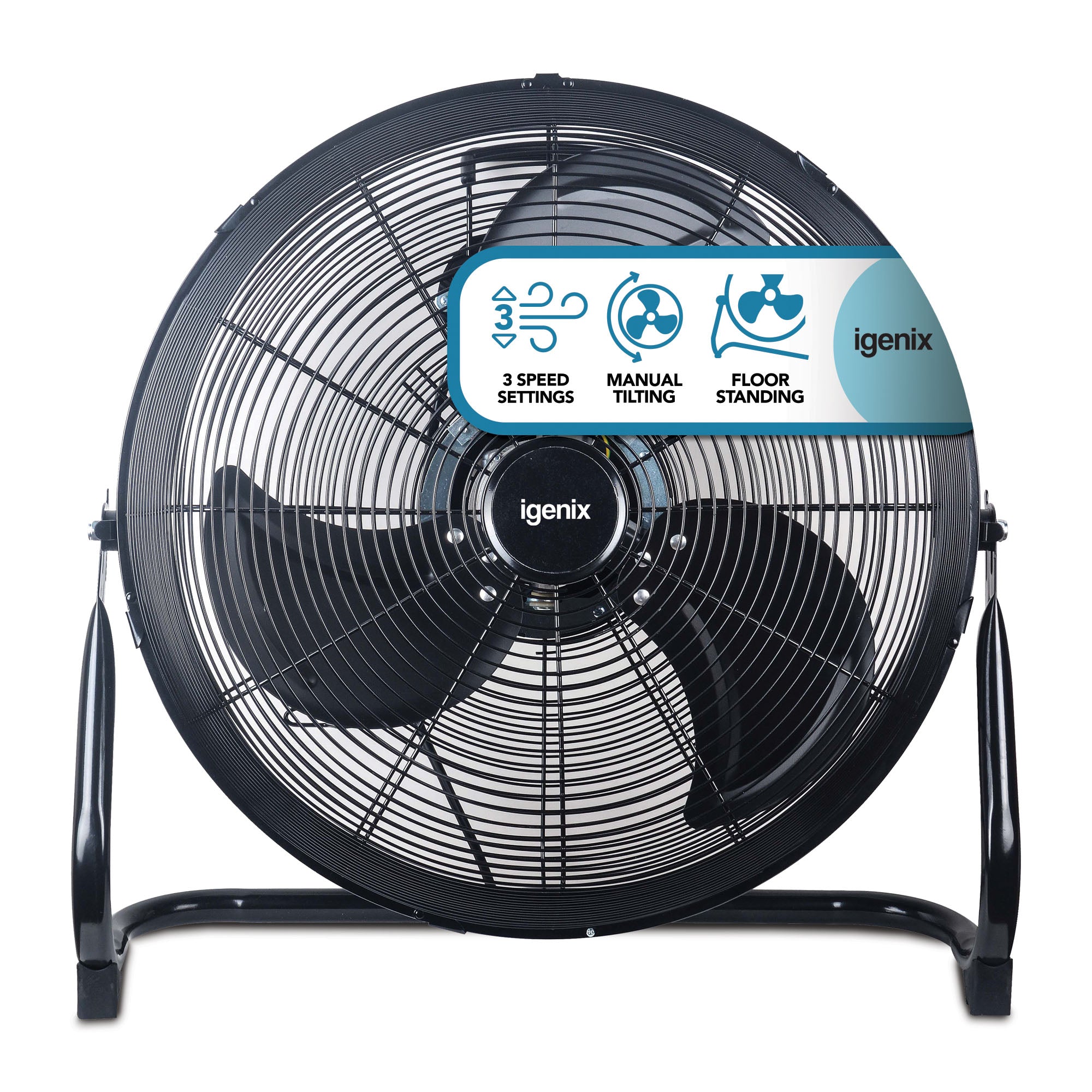 The Igenix Air Circulator Floor Fan, 18-inch, black, features three speeds, a control panel, manual tilting, and efficient air circulation. The Igenix logo appears at the center of the fan.