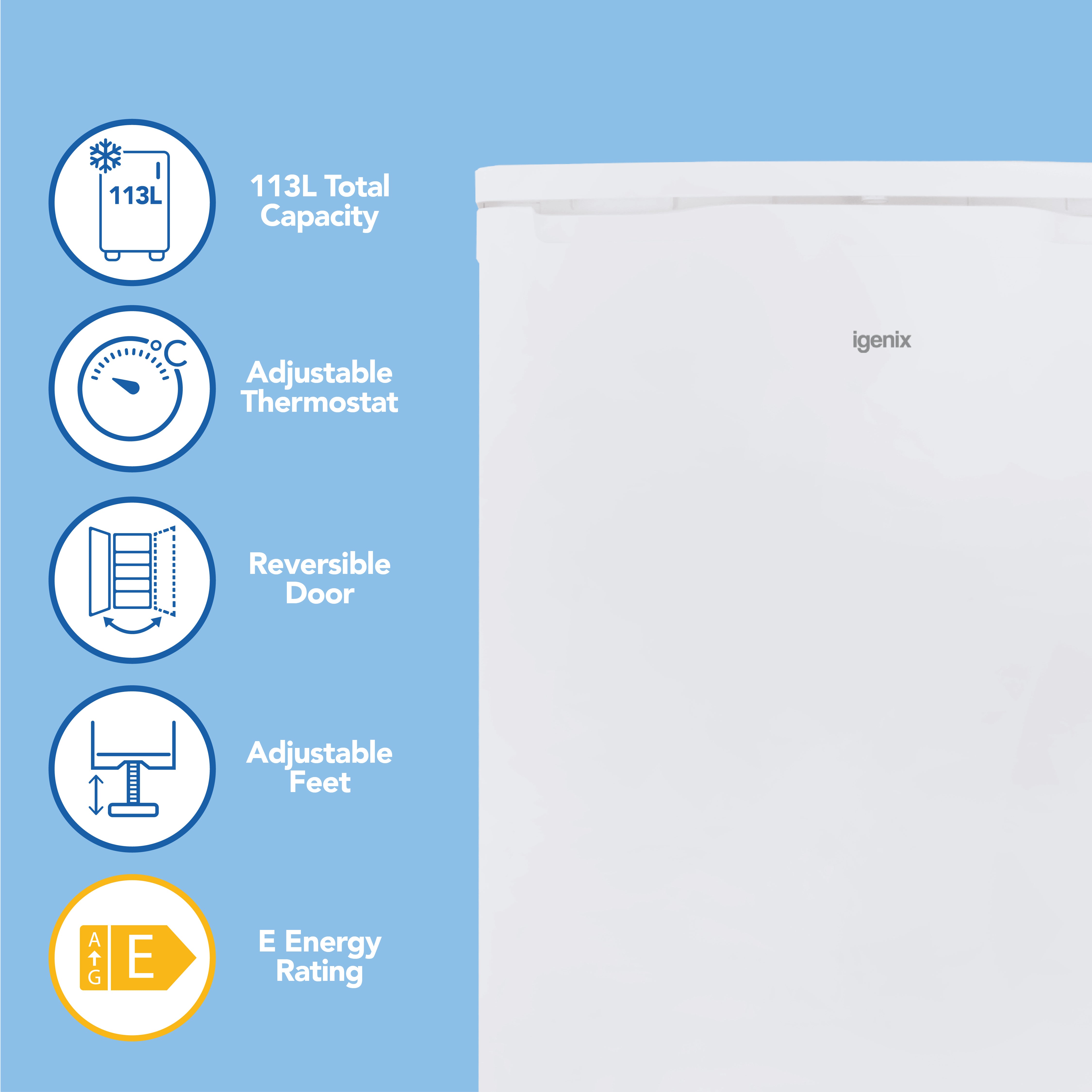 On the right is the Igenix Under Counter Fridge with Ice Box in white. On the left, icons and text show features: 113L capacity, adjustable thermostat, icebox, reversible door, adjustable feet, E energy rating. Blue background.