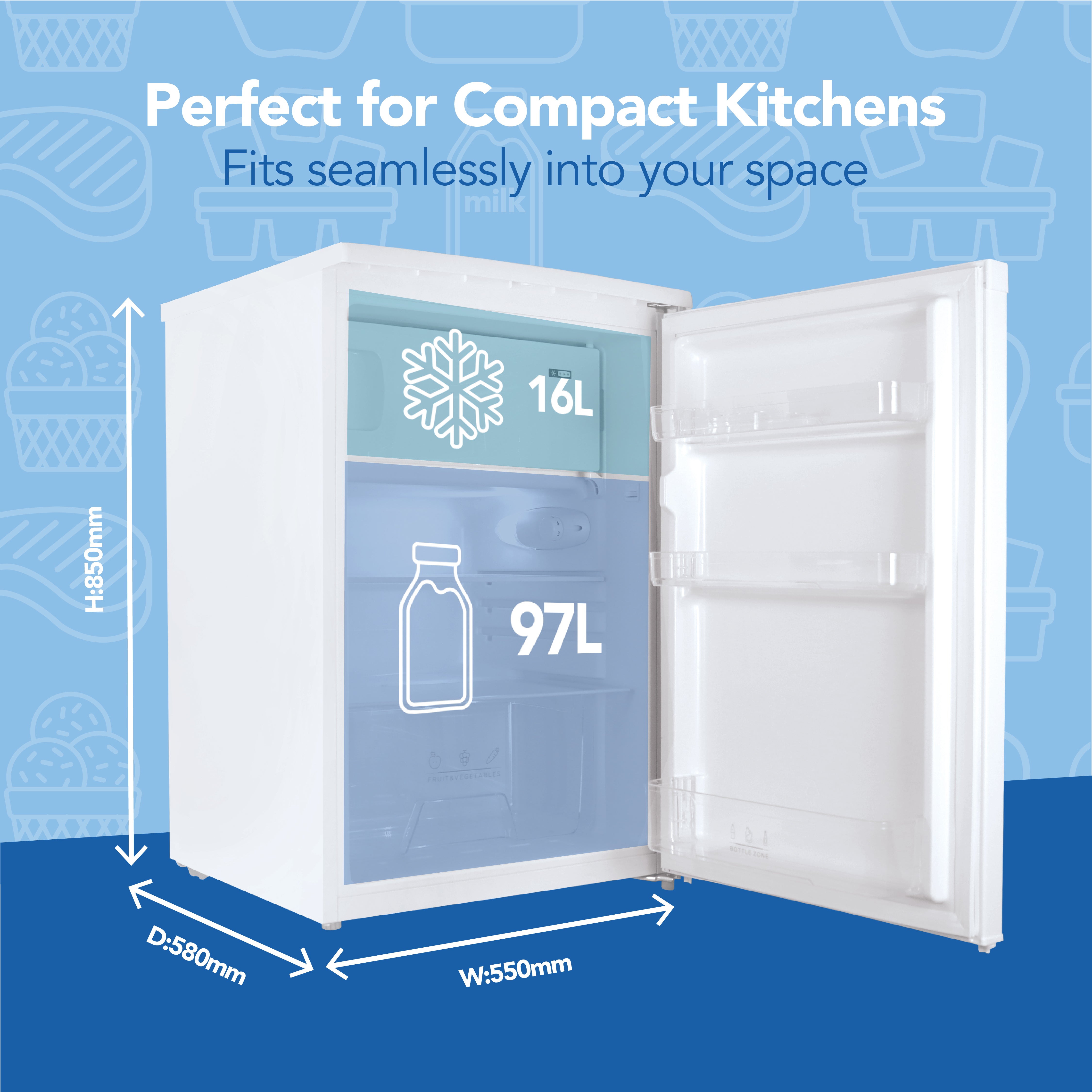 The Igenix Under Counter Fridge with Ice Box, White, features a 97L fridge and 16L icebox, adjustable thermostat, and measures 850mm (h) x 580mm (d) x 550mm (w). Shown open on a blue kitchen-themed background.