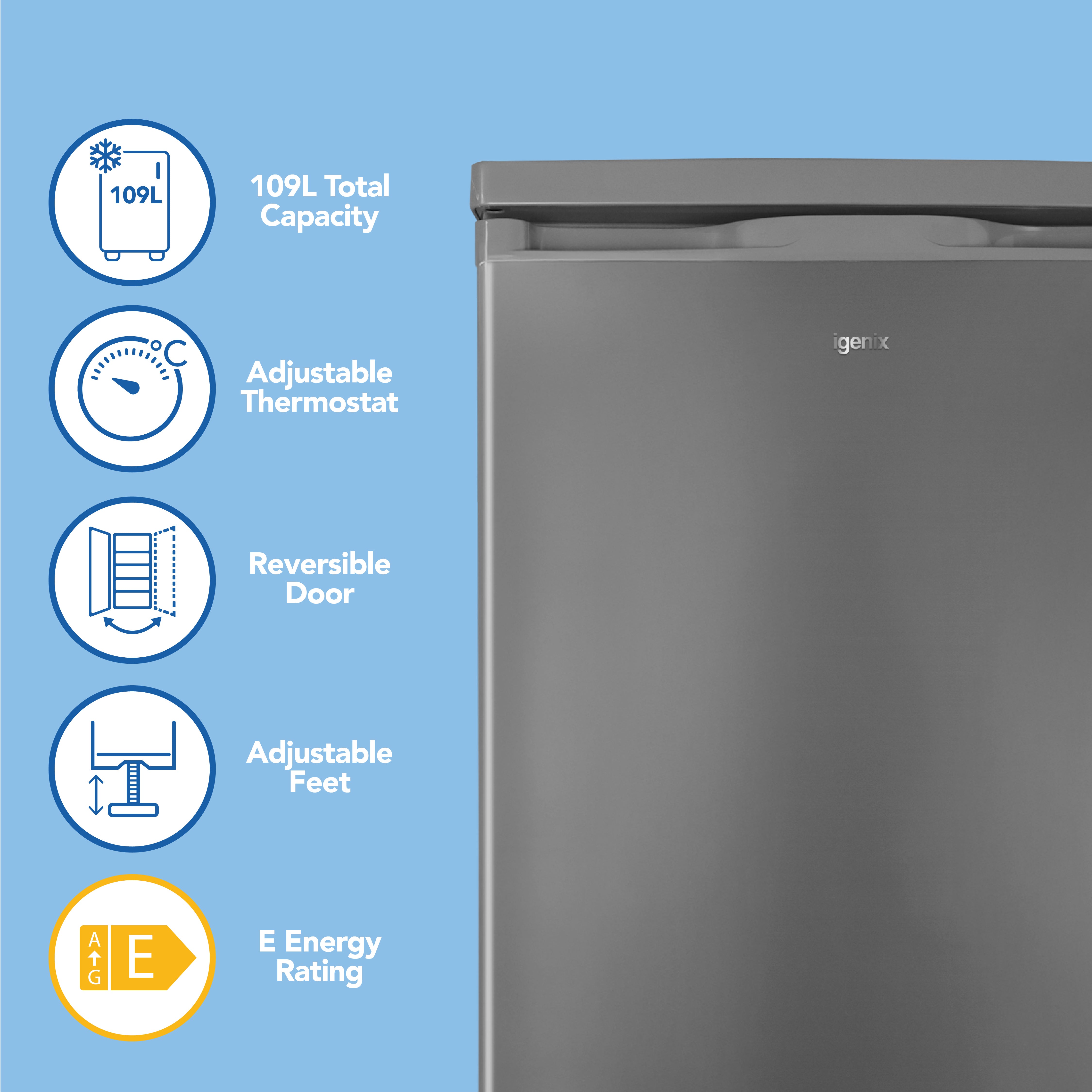 The Igenix Under Counter Fridge with Ice Box, Inox, features a 109L capacity, adjustable thermostat, reversible door, adjustable feet, E energy rating, and 4 ice box. Blue icons and text highlight each feature on a light blue background.