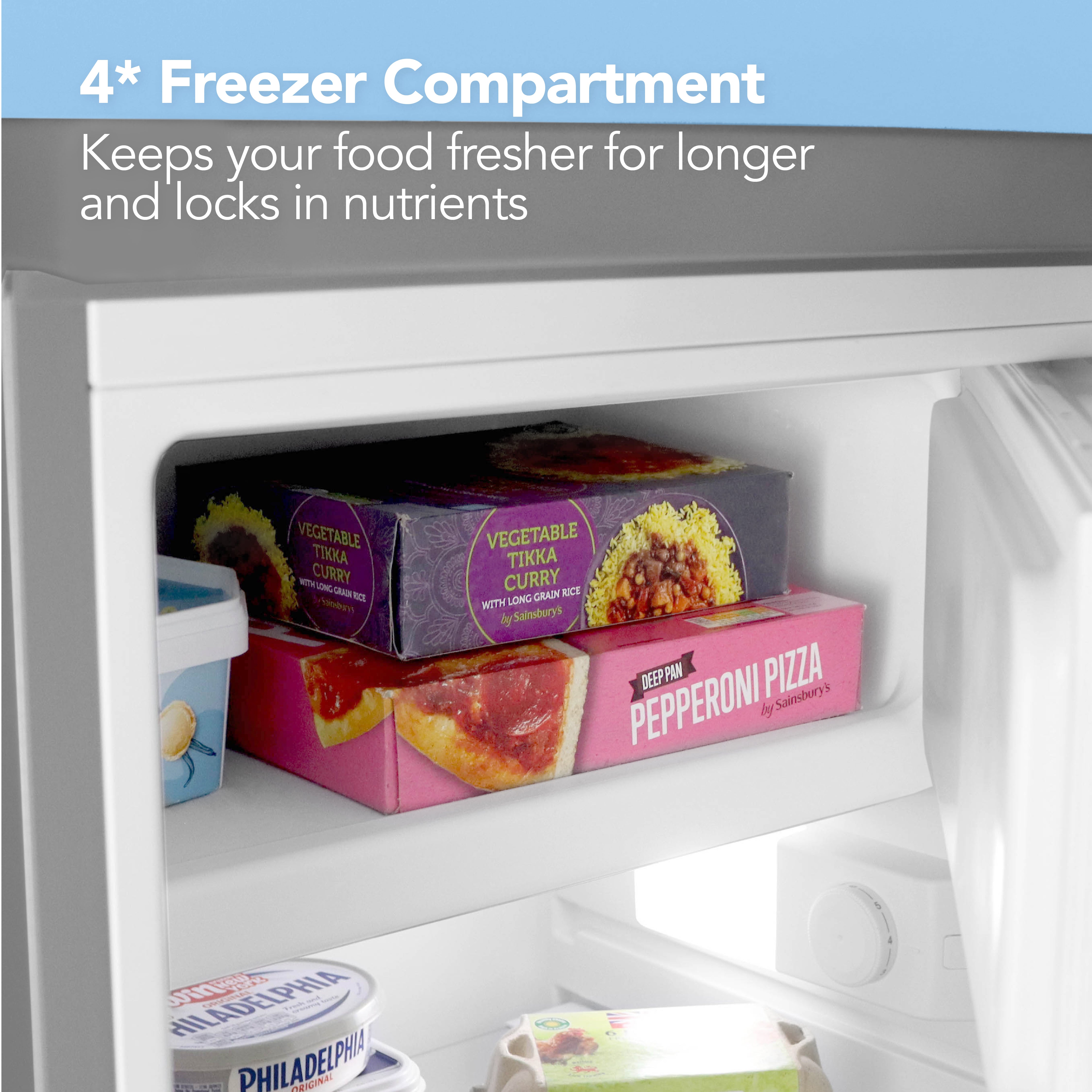 The Igenix Under Counter Fridge with Ice Box (Inox) features a 4* freezer compartment for items like vegetable tikka curry and pizza, keeping your food fresher for longer and locking in nutrients.