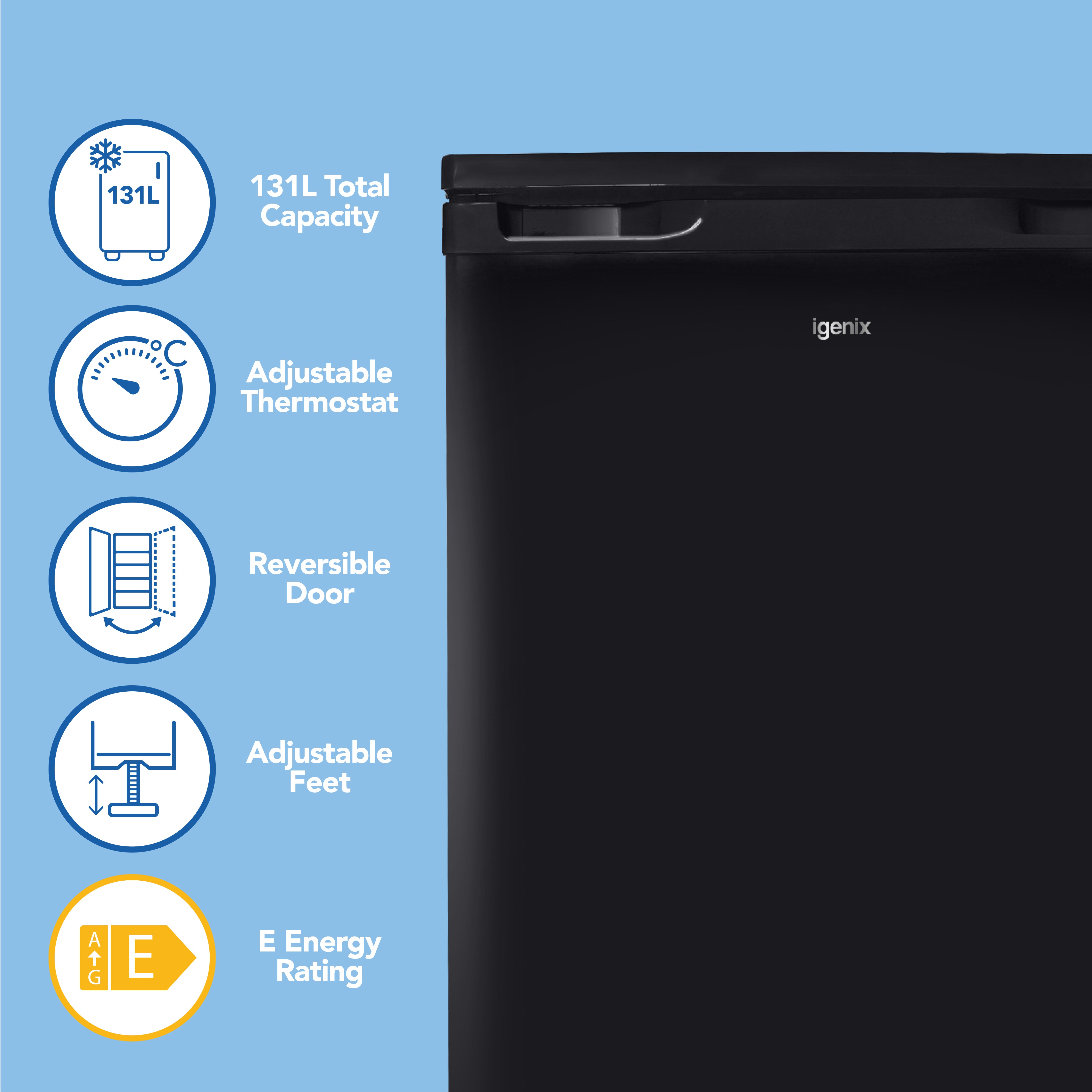 The Igenix Under Counter Larder Fridge, 131 Litre, Black, is shown on a blue background with icons highlighting its features: adjustable thermostat, reversible door, adjustable feet, and E energy rating.