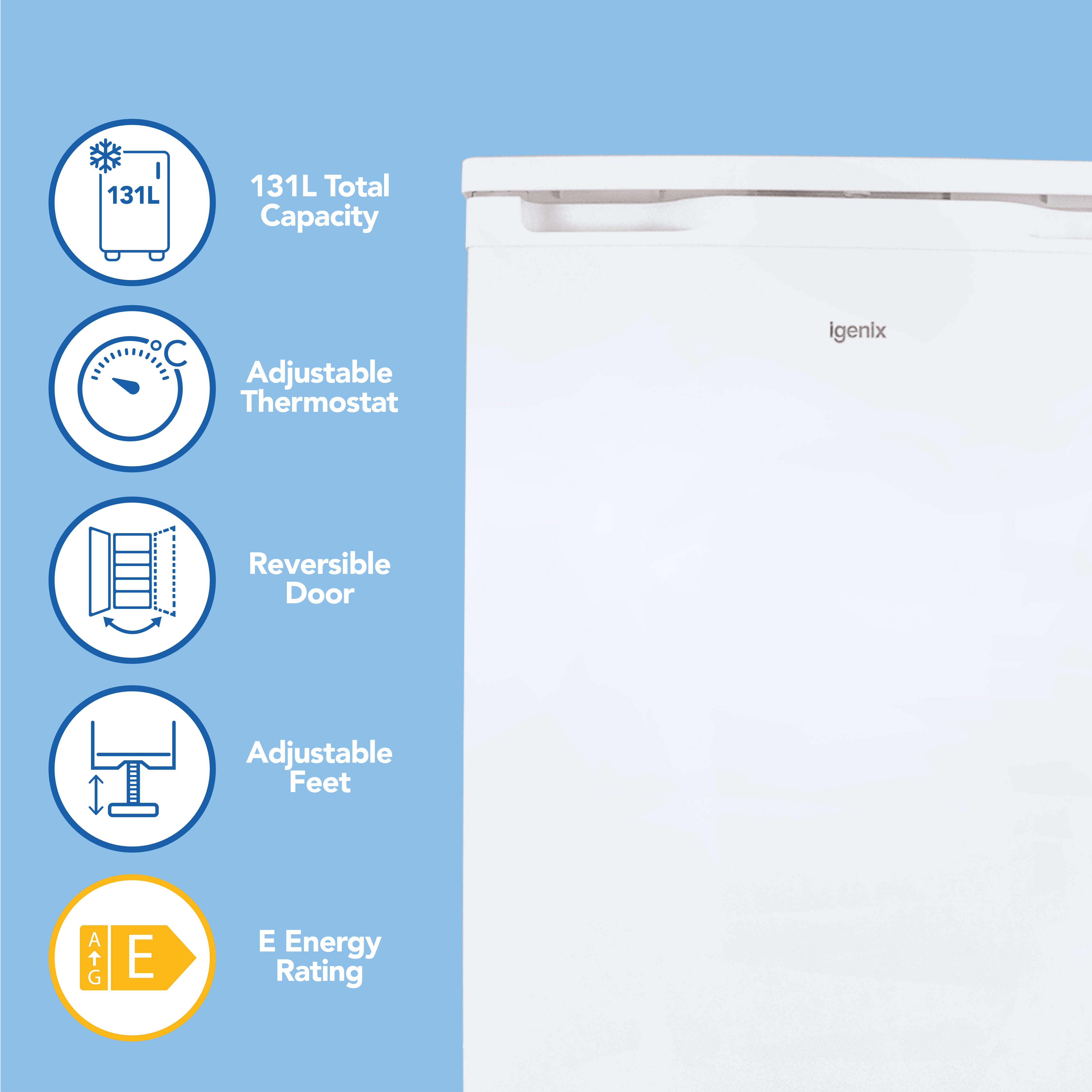 The Igenix Under Counter Larder Fridge (131L, White) is shown on a blue background with icons for its 131L capacity, adjustable thermostat, reversible door, glass shelves, salad drawer, and E energy rating.
