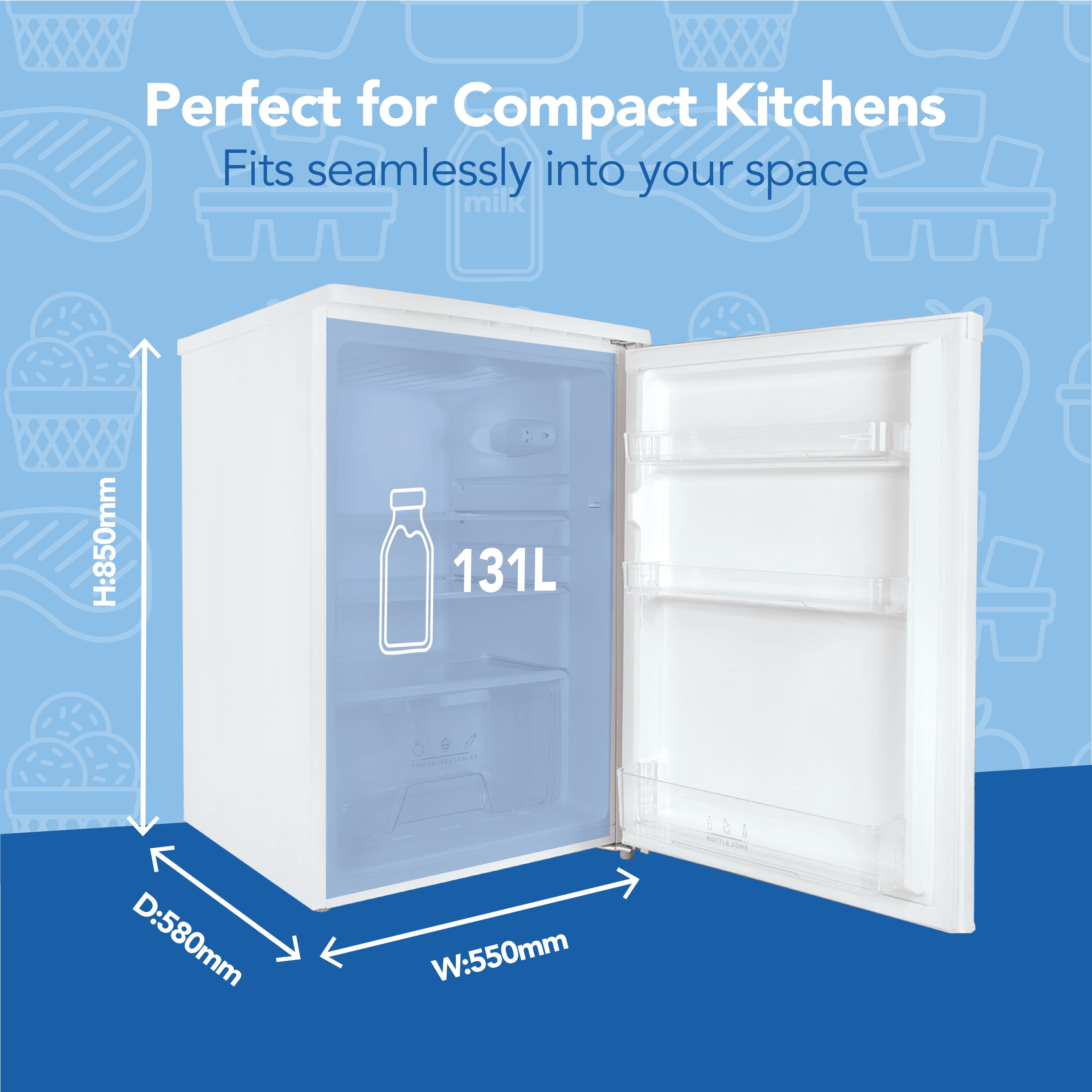 The Igenix Under Counter Larder Fridge, 131 Litre, in white offers adjustable glass shelves and compact storage. Dimensions: H850mm x D580mm x W550mm—ideal for smaller kitchens and fits seamlessly under counters.