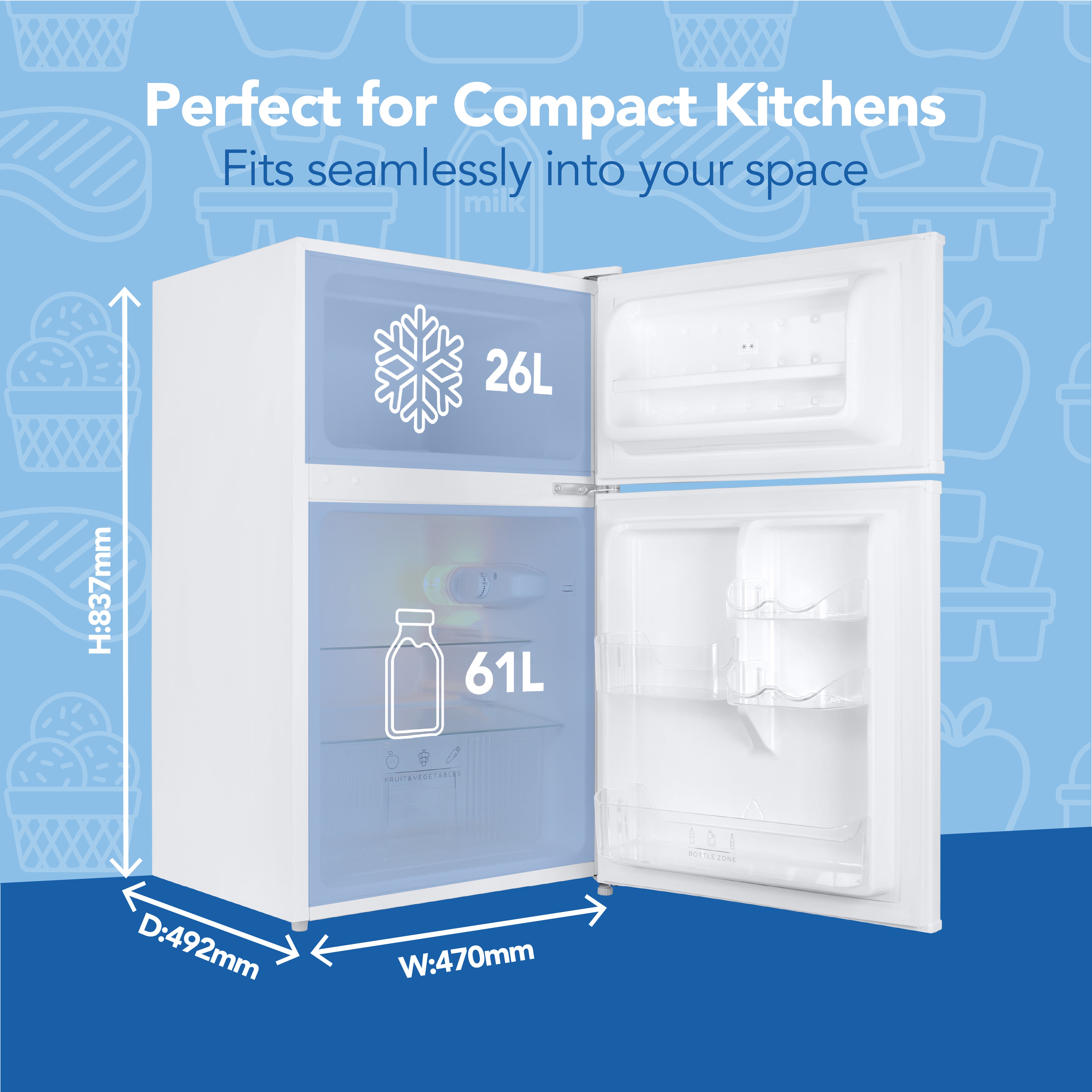 The Igenix Under Counter Fridge Freezer, 87L (61L fridge/26L freezer), is energy-efficient and compact—ideal for small kitchens. Size: H837mm x D492mm x W470mm. Shown on a blue background with kitchen icons. White finish.