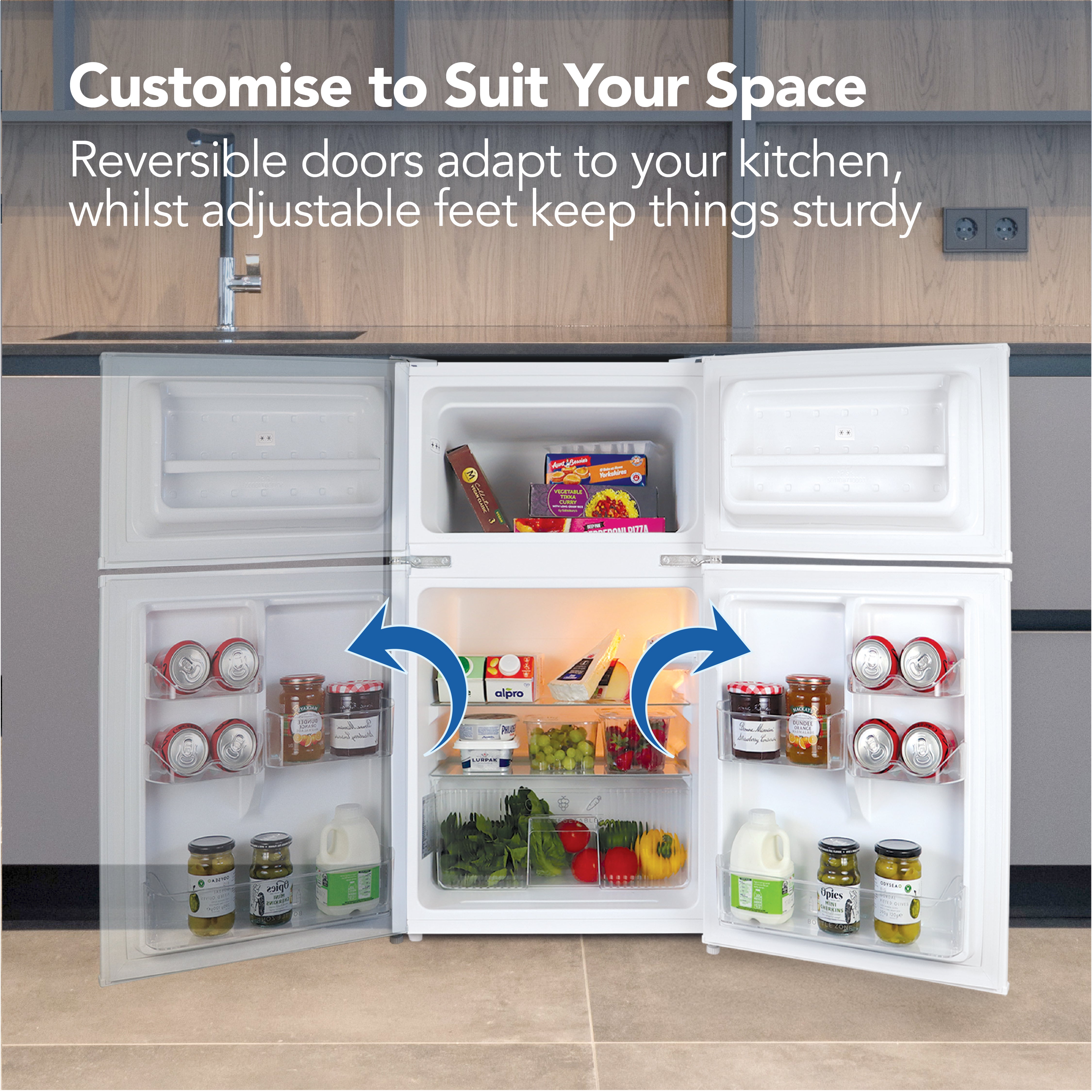 The Igenix Under Counter Fridge Freezer, 87 Litre in white features reversible doors to fit your kitchen layout and adjustable feet for stability. Doors open to reveal food and drinks neatly stored inside.