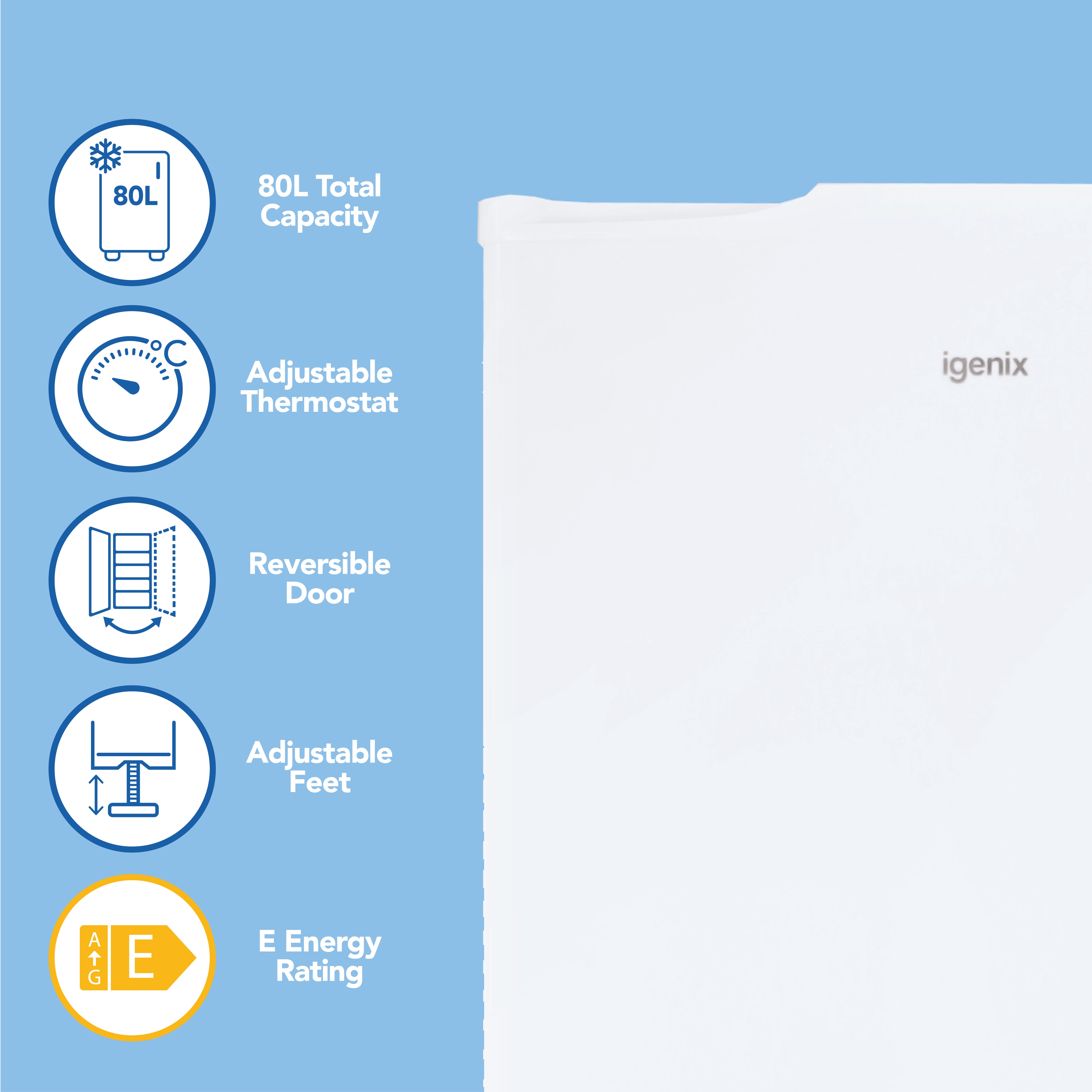 A partial view of the white Igenix Under Counter Fridge with Ice Box (81L) is shown, with icons and text highlighting features: adjustable thermostat, reversible door, adjustable feet, and E energy rating, on a light blue background.