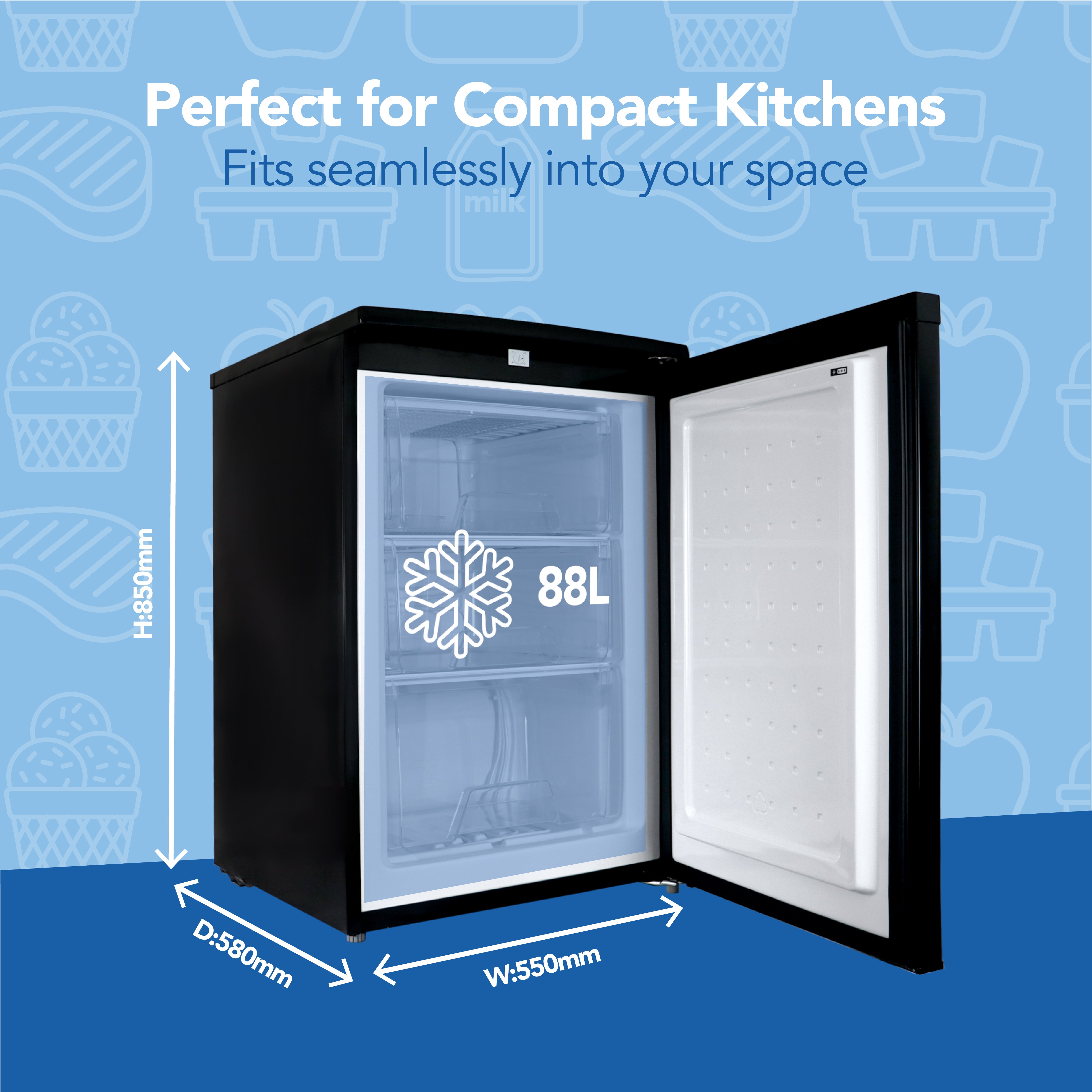 The Igenix Under Counter Freezer, 88 Litre, with reversible doors in black, fits compact kitchens with dimensions of 550mm (W) x 580mm (D) x 850mm (H). Ideal for saving space while providing ample storage.