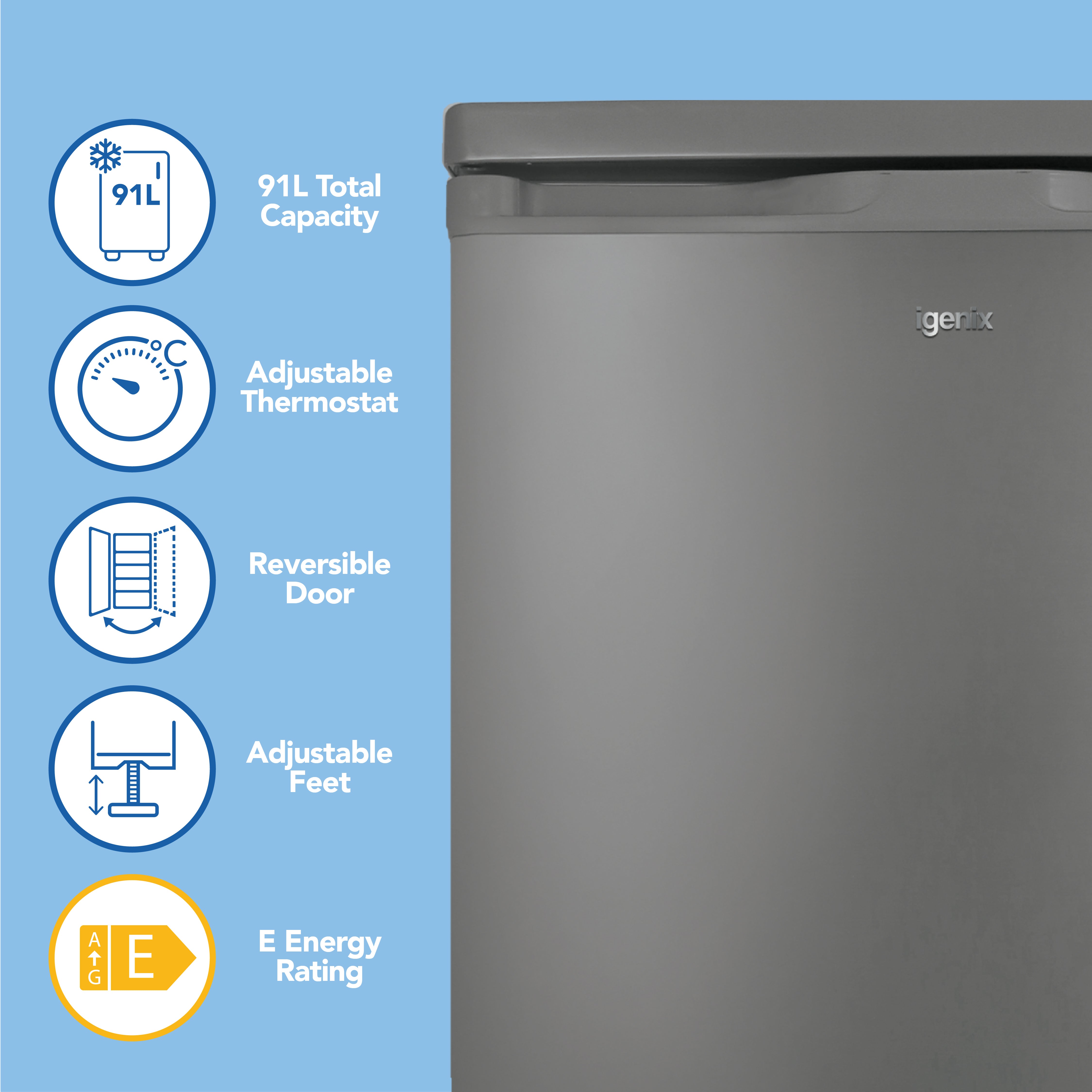 Igenix Under Counter Freezer in silver, 91-litre capacity, displayed beside icons and text showcasing its features: adjustable thermostat, reversible doors, adjustable feet, E energy rating—all set against a light blue background.