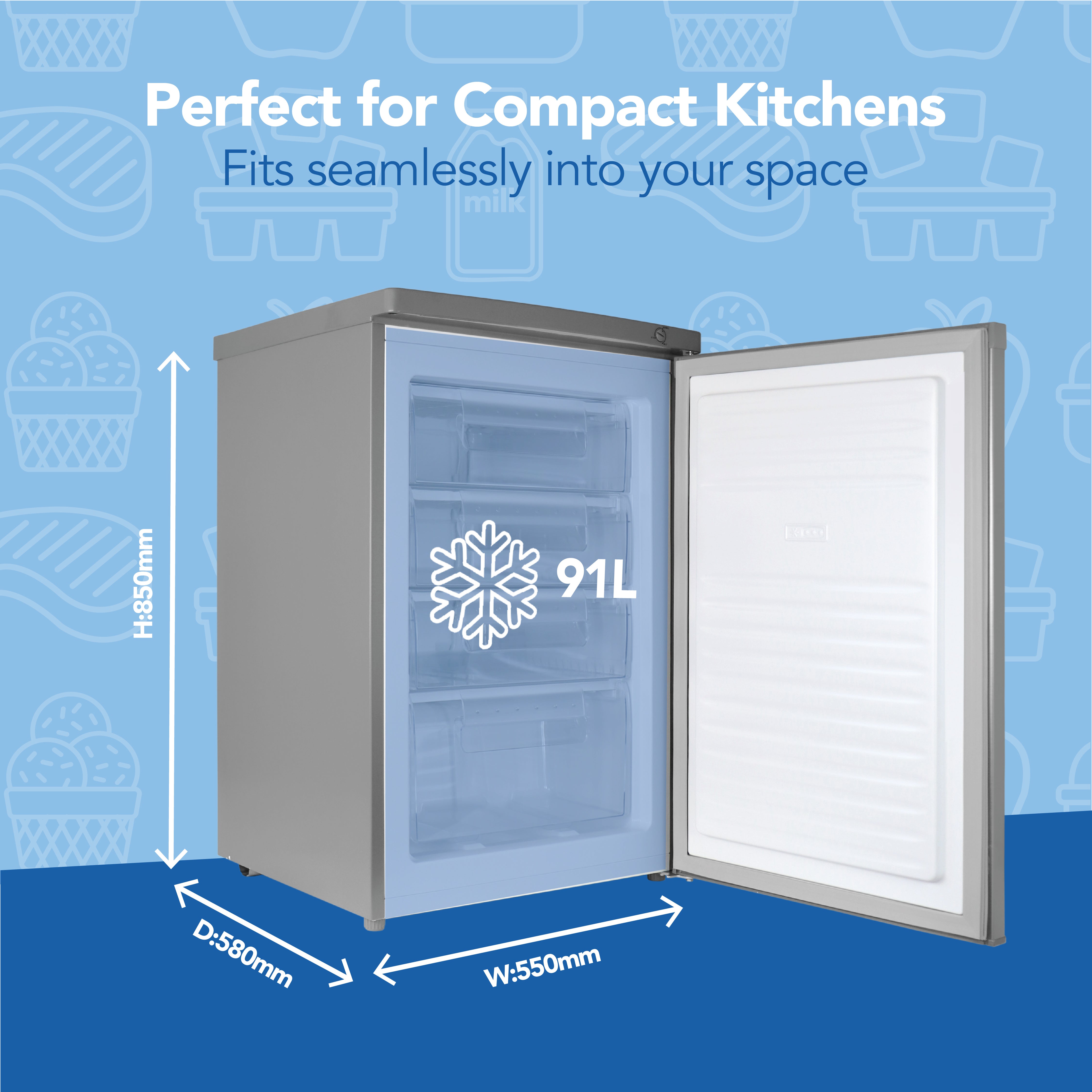 A silver Igenix Under Counter Freezer with its door open reveals three inner drawers, set against a blue background. Ideal for compact kitchens, this 91 litre model features reversible doors and measures 850mm in height, 580mm in depth, and 550mm in width.