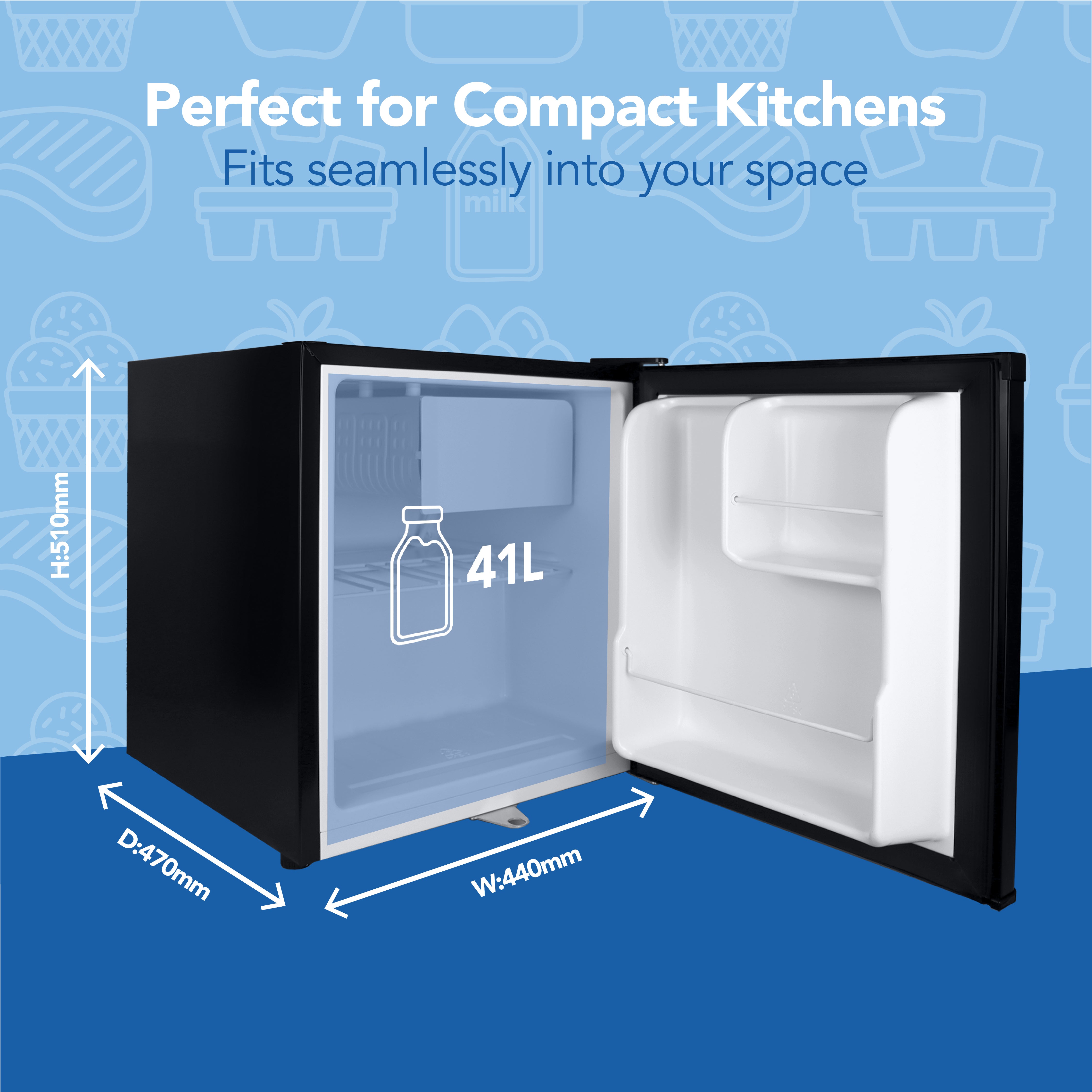 The black Igenix Table Top Fridge with Lockable Door has a 41L capacity and compact dimensions (D470mm x W440mm x H510mm), making it ideal for small kitchens. “Perfect for Compact Kitchens. Fits seamlessly into your space.”.
