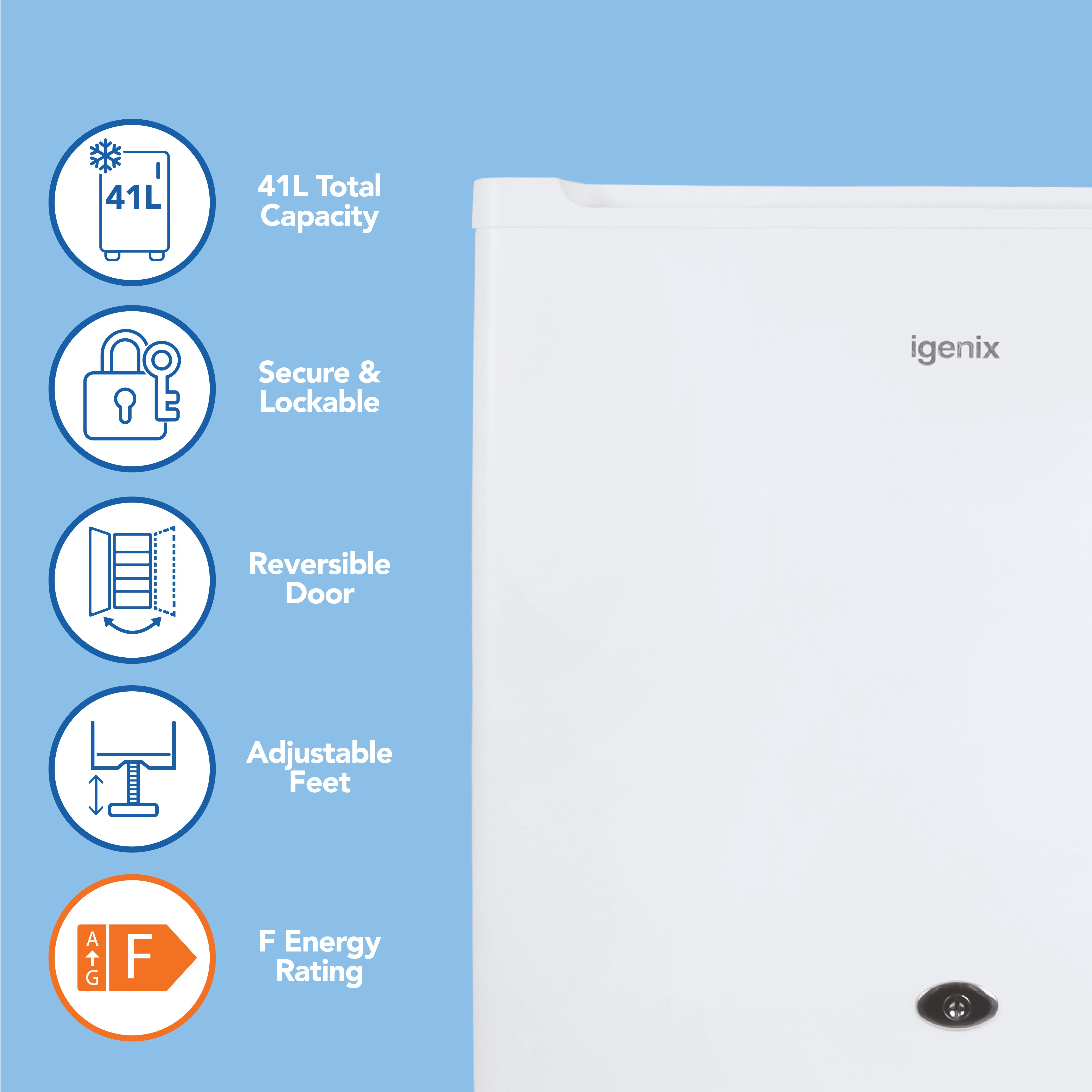 On the right, an Igenix Table Top Fridge with Lockable Door (41L, White) is shown; icons on the left highlight features: 41L capacity, secure lock, reversible door, adjustable feet, and F energy rating—all on a blue background.