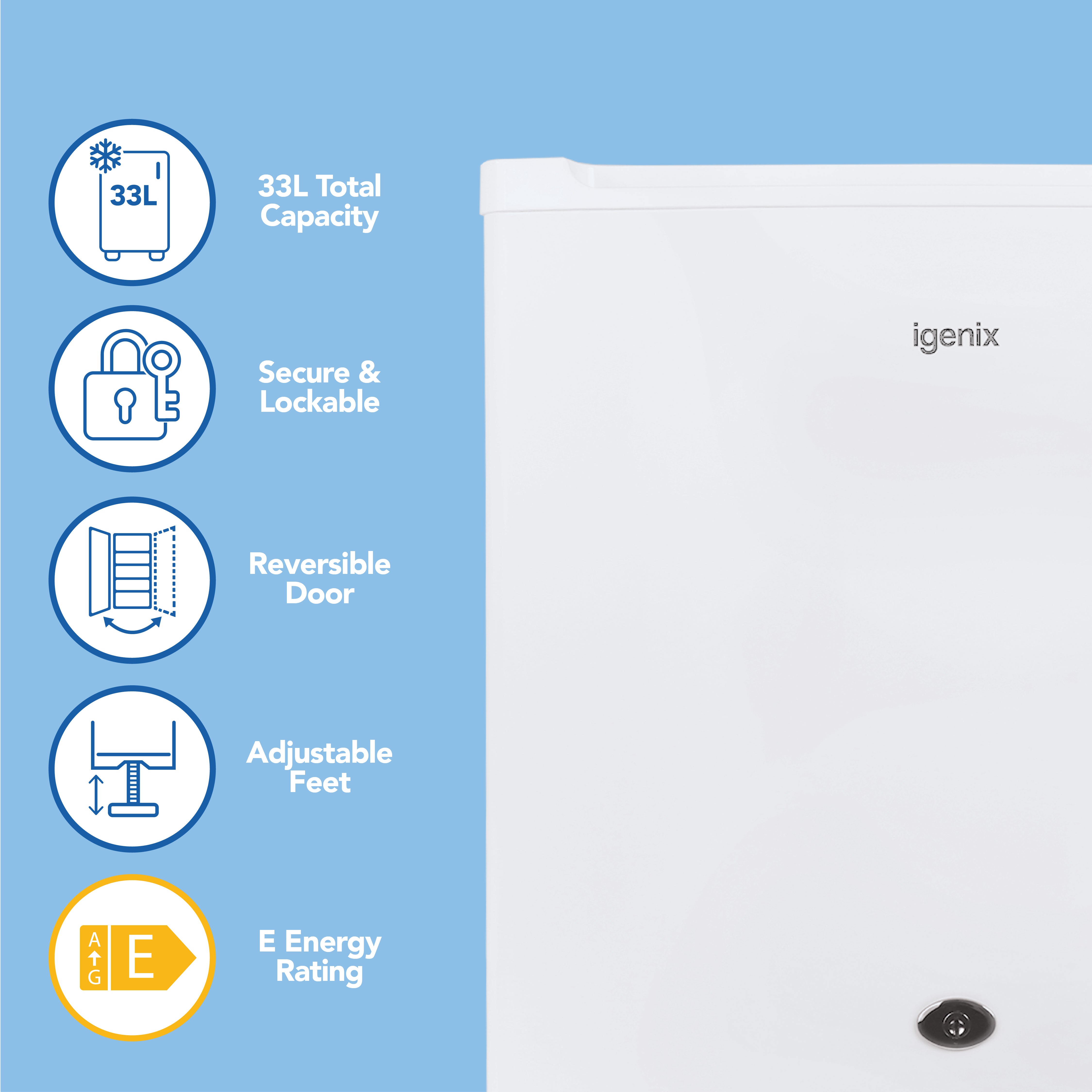 The Igenix Table Top Freezer with Lockable Door (33 Litre, White) is shown on a blue background, with icons and text highlighting its compact design, reversible door, adjustable feet, secure lock, and E energy rating.