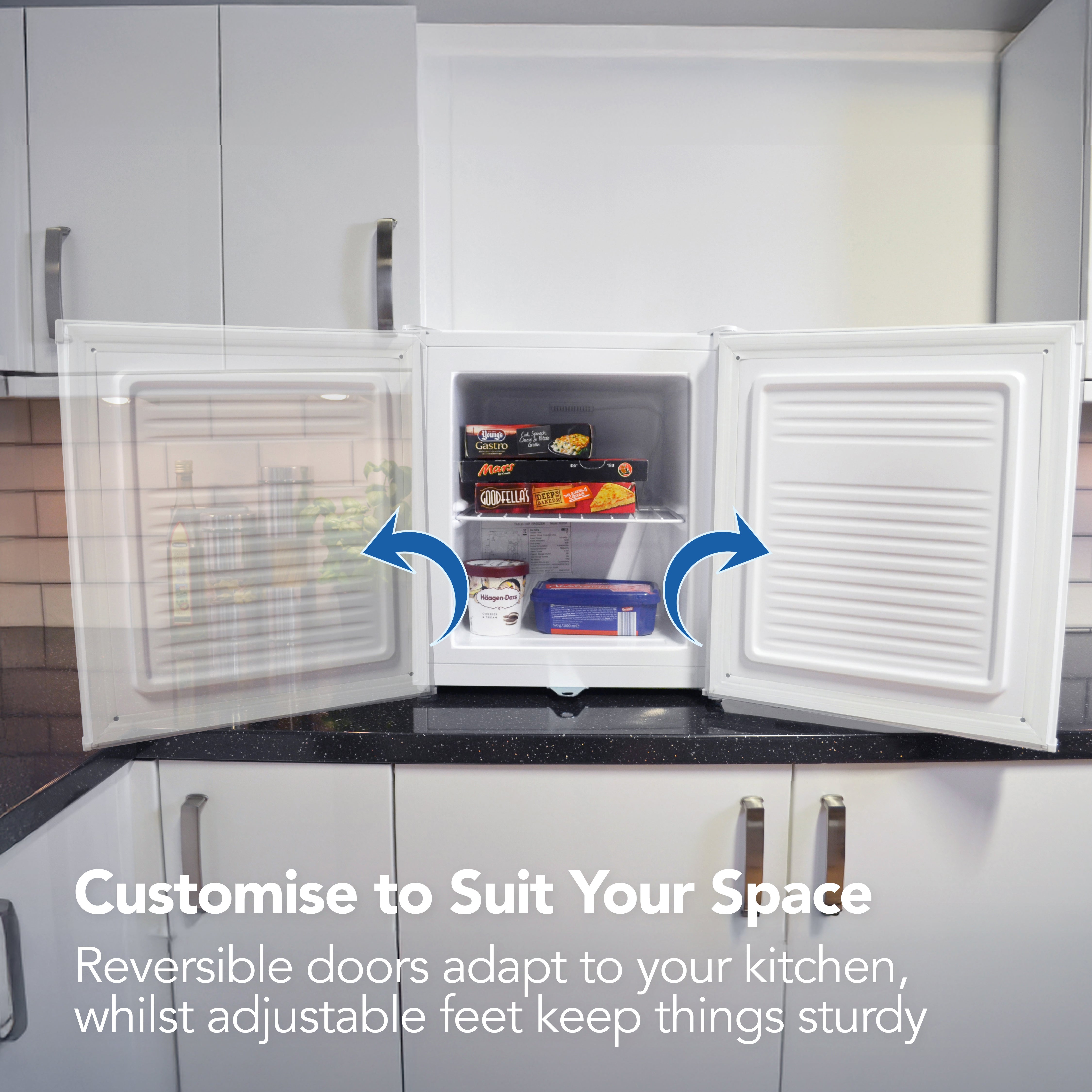 The Igenix Table Top Freezer features a 33 litre capacity, a lockable door, and sits neatly on your counter. Its reversible doors and adjustable feet let you customise your space and keep the freezer sturdy. Finished in white for a clean look.