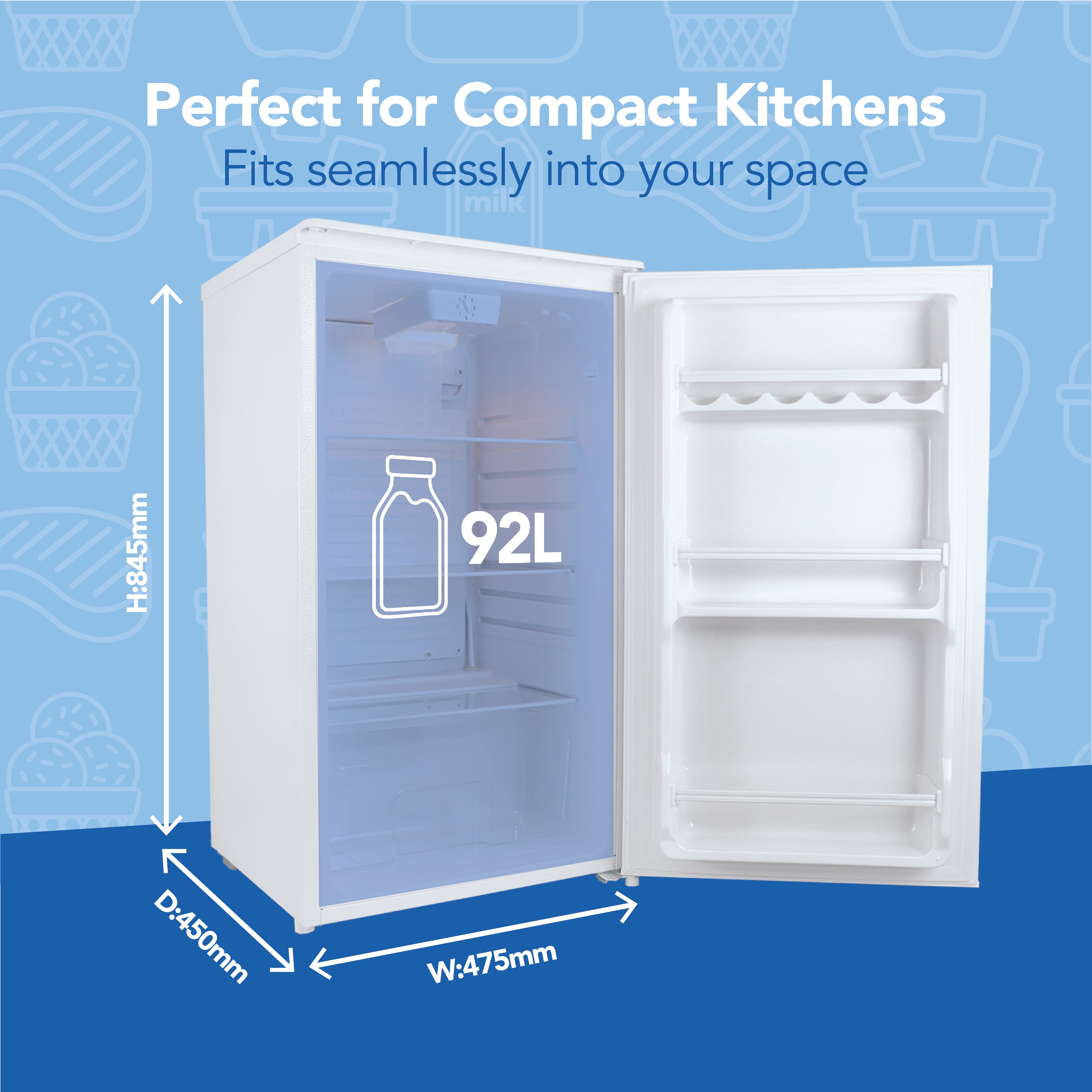 The Igenix Under Counter Larder Fridge, 92 Litres in white, fits under counters (H845mm x W475mm x D450mm). With its open shelves and compact size, it’s ideal for small kitchens or home offices.