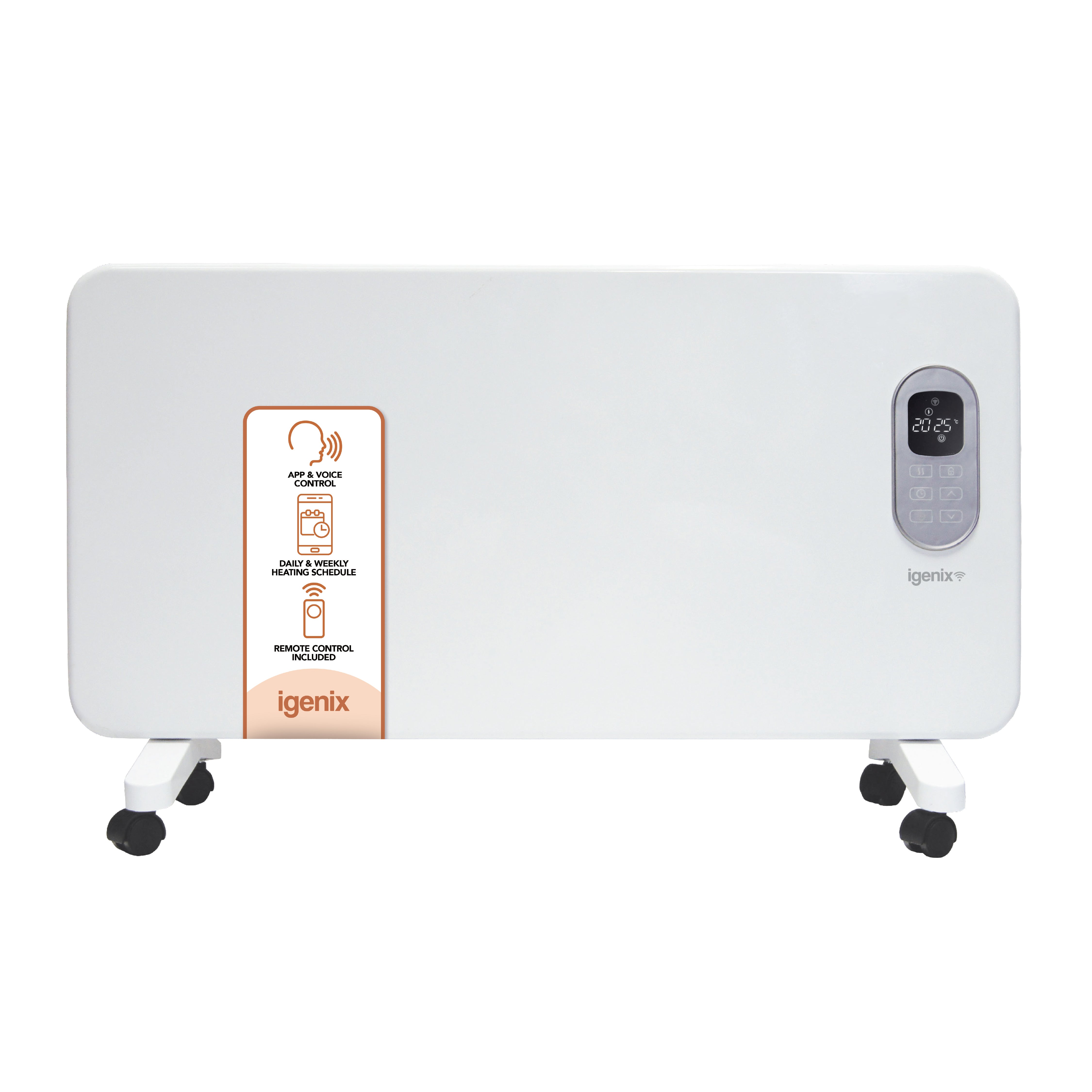 The Igenix Smart Electric Panel Heater, 1500W, in white, features wheels, a right-side digital display and control panel, and a front label highlighting remote control, Alexa compatibility, and voice control.