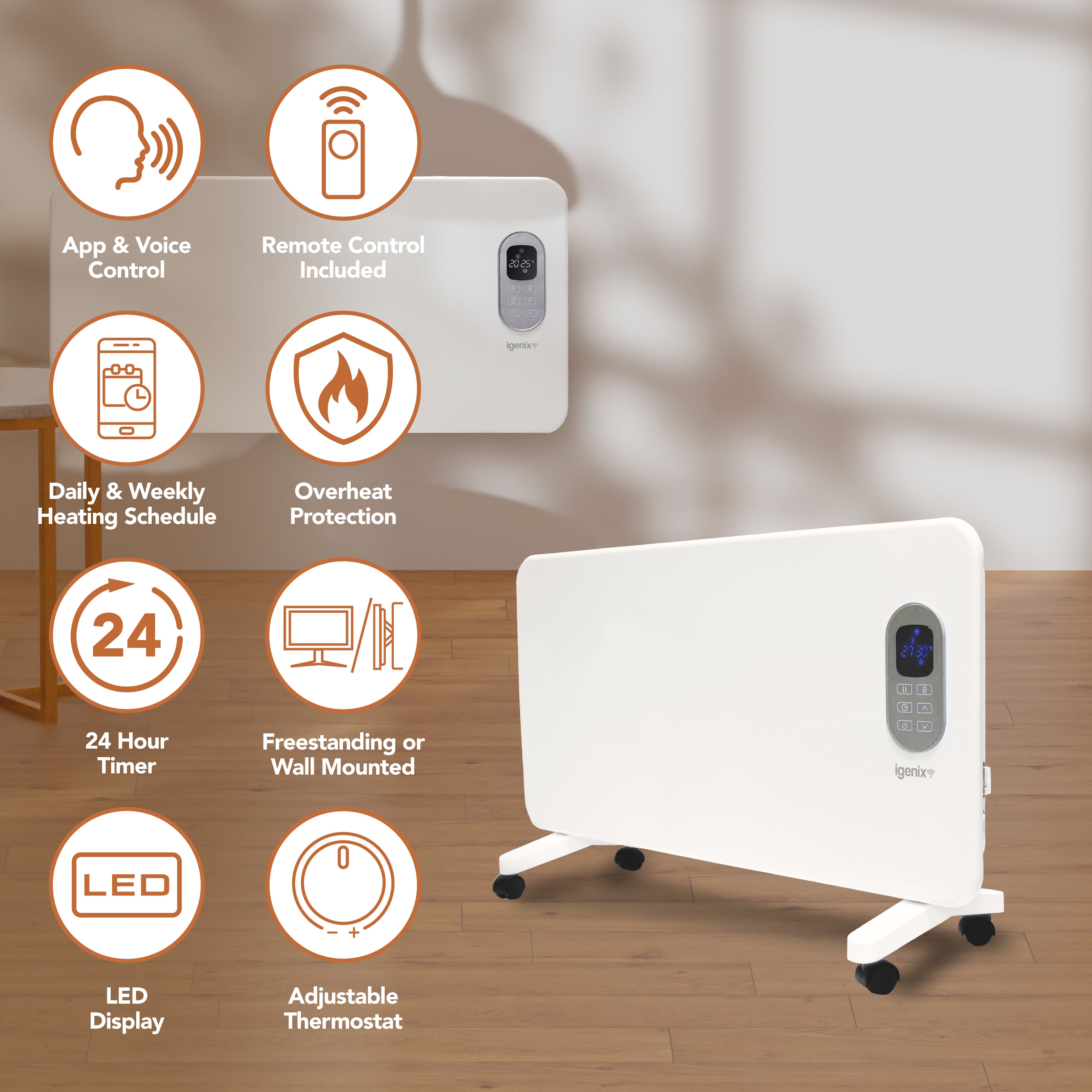 The Igenix Smart Electric Panel Heater, 1500W in white, features WiFi app and voice control, remote, timer, schedule settings, overheat protection, LED display, and an adjustable thermostat. It’s shown on a wooden floor with icons of its key features nearby.