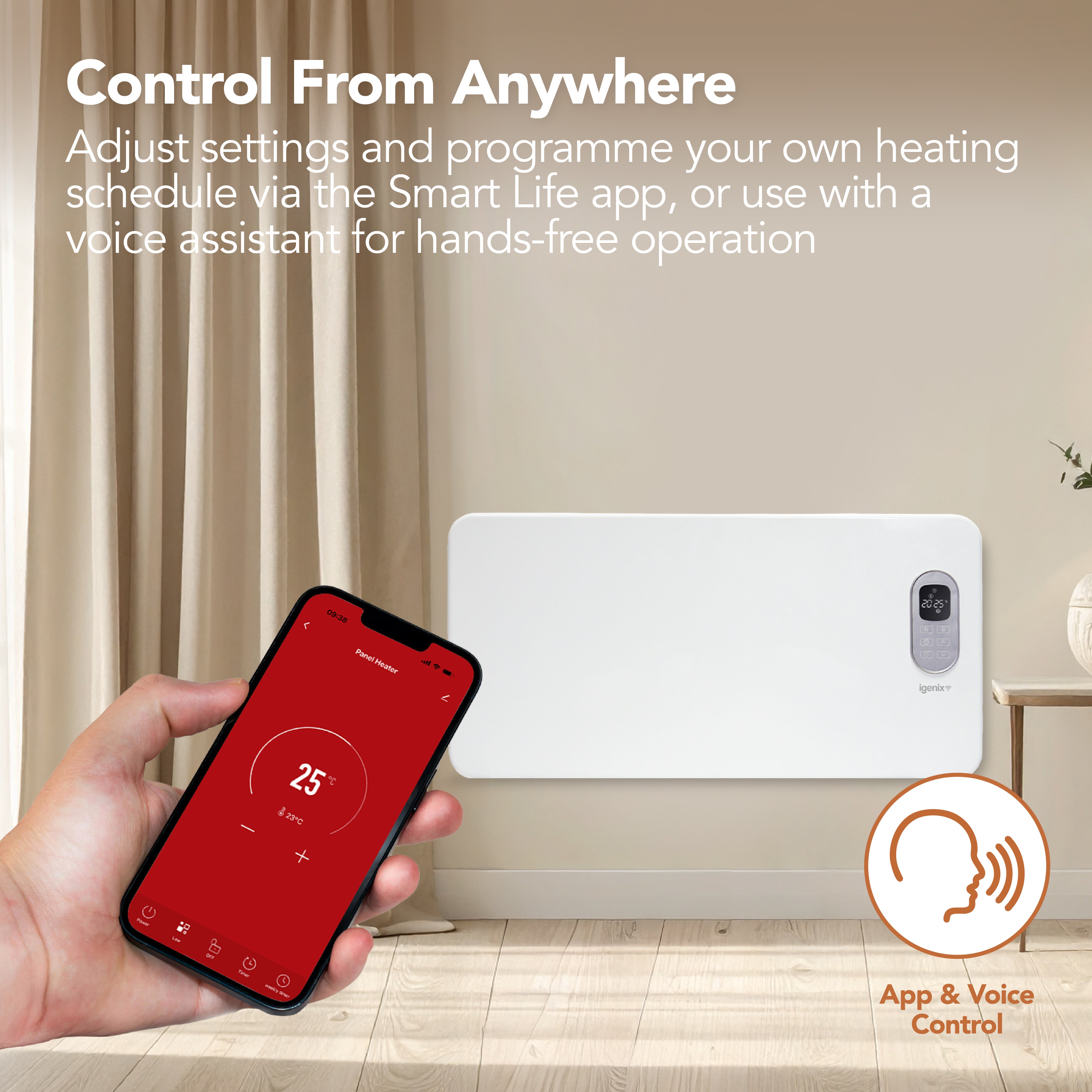 A person holds a smartphone showing the Igenix Smart Electric Panel Heater (1500W, White) app set to 25°C in front of the heater, with text emphasizing remote control and Alexa compatibility.
