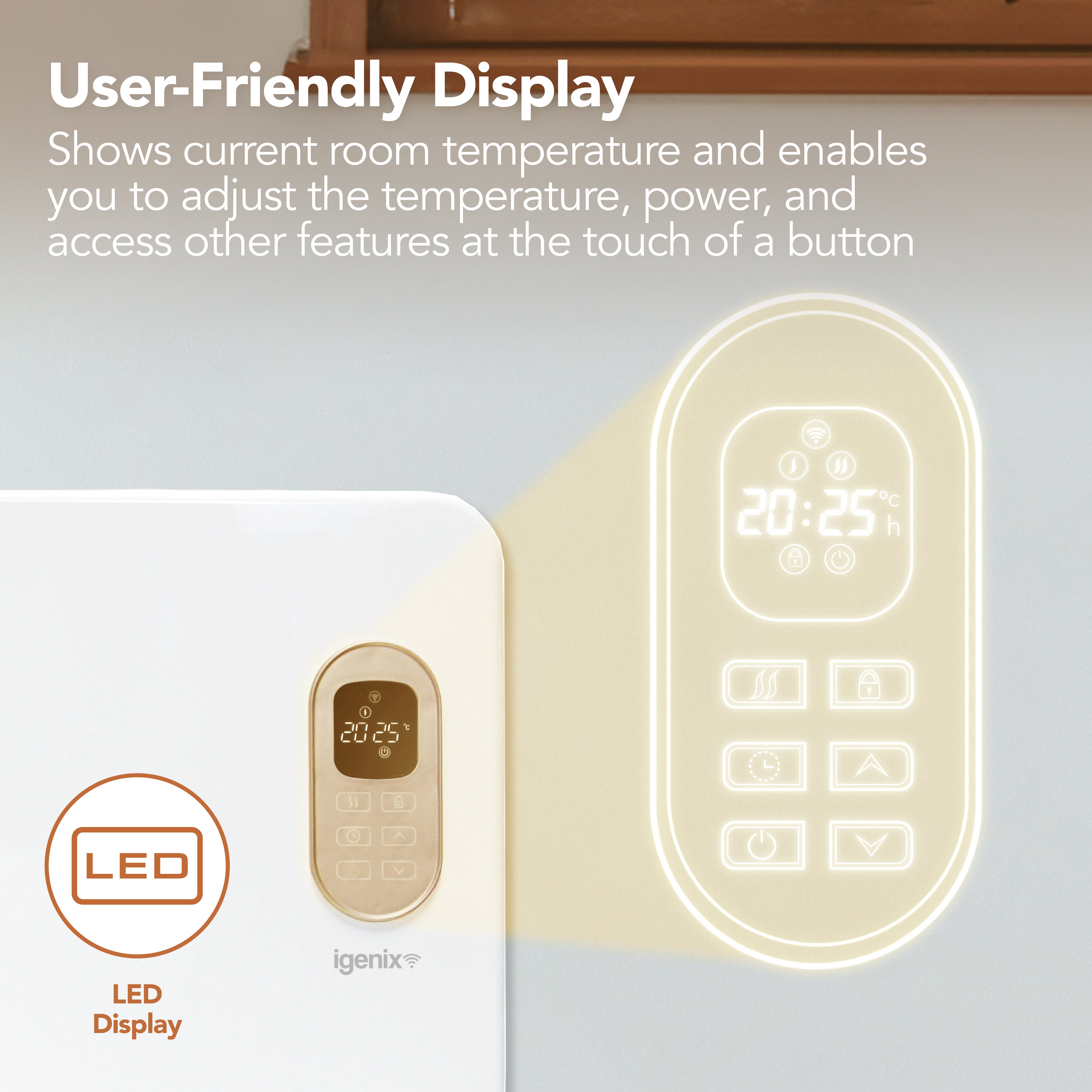 A close-up of the Igenix Smart Electric Panel Heater, 1500W, White, reveals its LED display showing room temperature and control buttons for power, temperature adjustment, and smart features—emphasizing user-friendly design.