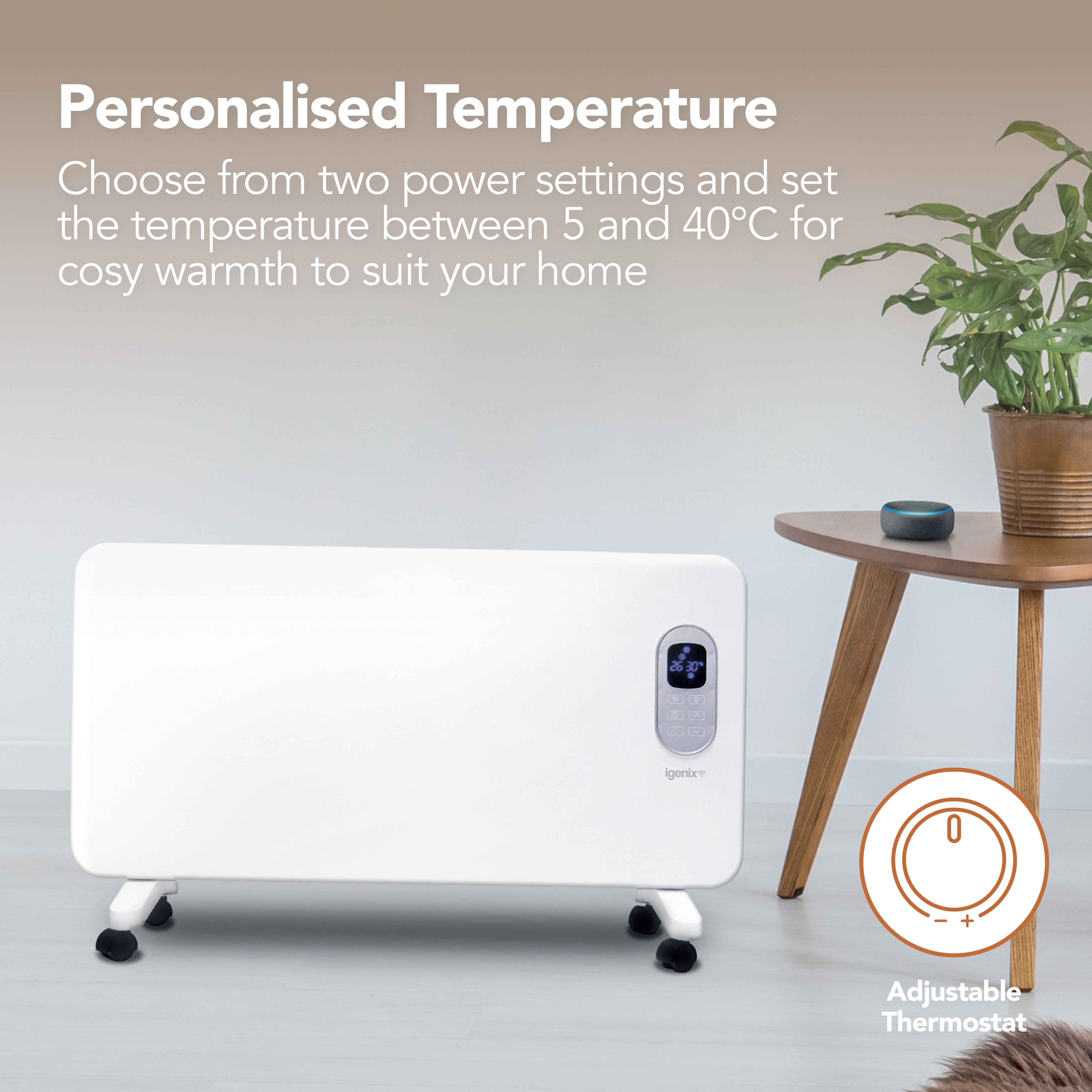 The Igenix Smart Electric Panel Heater, 1500W, White, with digital display, sits by a table and plant. Text highlights its WiFi and Alexa compatibility plus adjustable thermostat from 5°C–40°C.