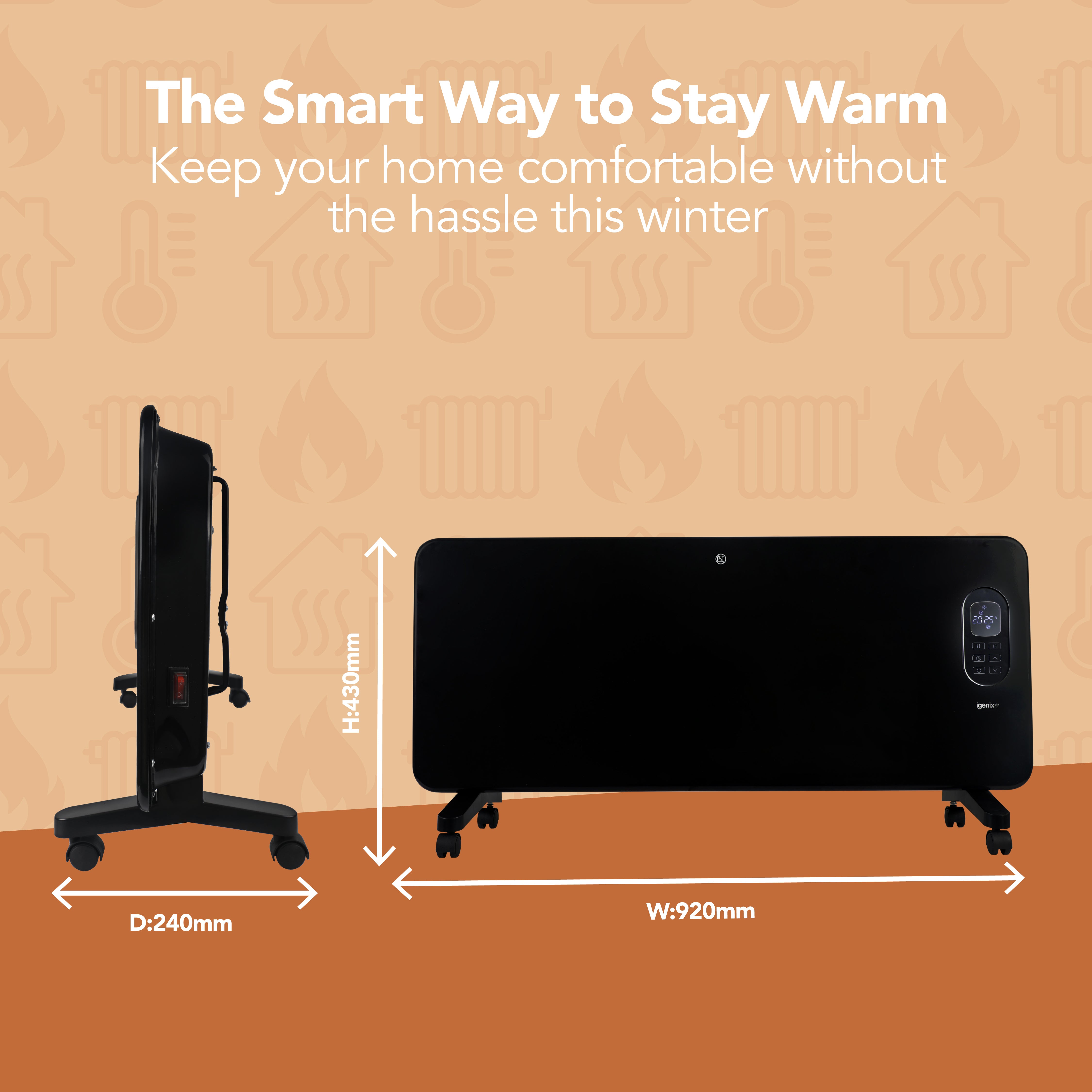 An Igenix Smart Electric Panel Heater, 2000W, in black, is shown from the front and side with a digital display. Dimensions: 240mm depth, 430mm height, 920mm width. Text above says: The Smart Way to Stay Warm.